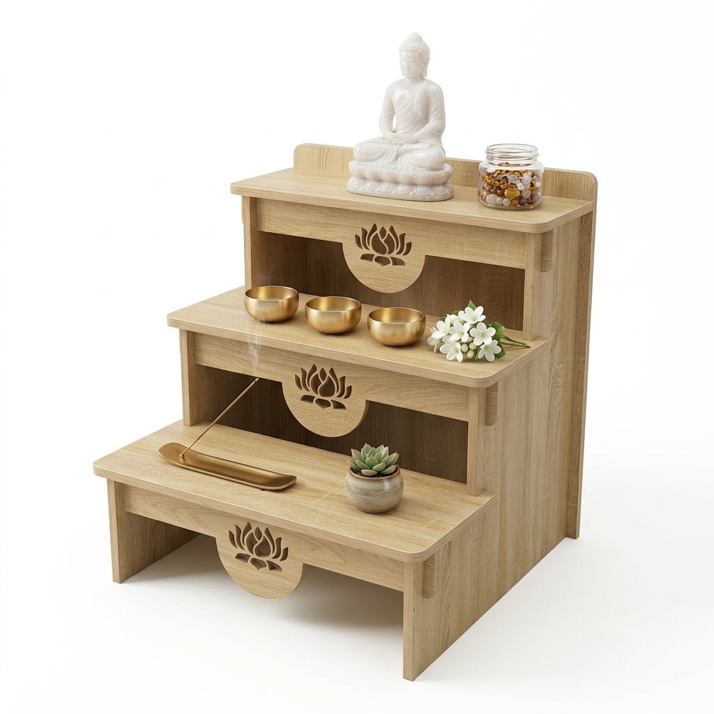 3-Tier Buddhist Altar Table for Prayer & Meditation, Zen Style Wooden Shrine Cabinet with Storage Drawer, MDF Melamine Home Worship Table 23.2 x 24.4 x 26.8 in (59 x 62 x 68 cm)
