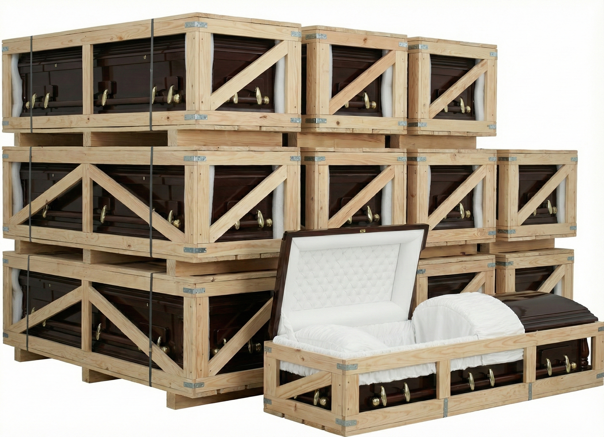 10 x Burial Caskets Solid Rosewood Hand Finished with Mahogany Glaze - Adult Size including Cushion and White Fabric Interior