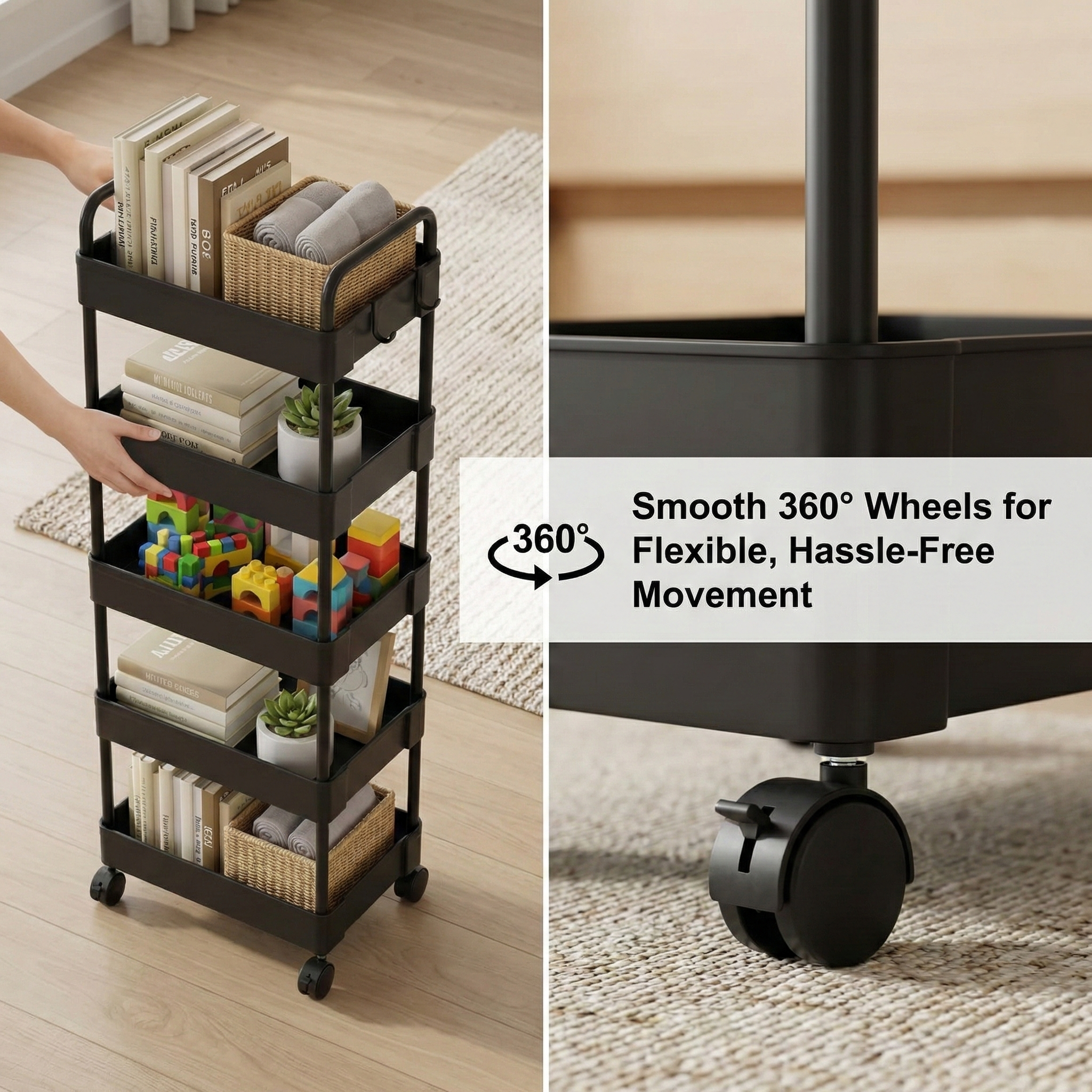 5-Tier Rolling Utility Cart with Wheels, Metal Mesh Storage Organizer for Kitchen, Bathroom, Office – 15.7 x 11.8 x 53.1 in (40 x 30 x 135 cm), Black