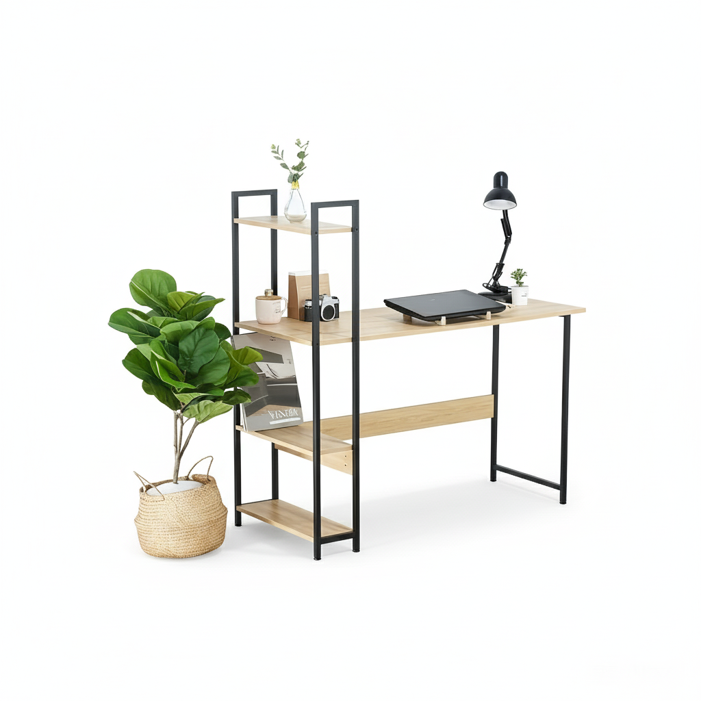 Home Office Desk with Storage Shelves – Modern MDF Wood Computer Table with Metal Frame for Study, Workstation or Living Room