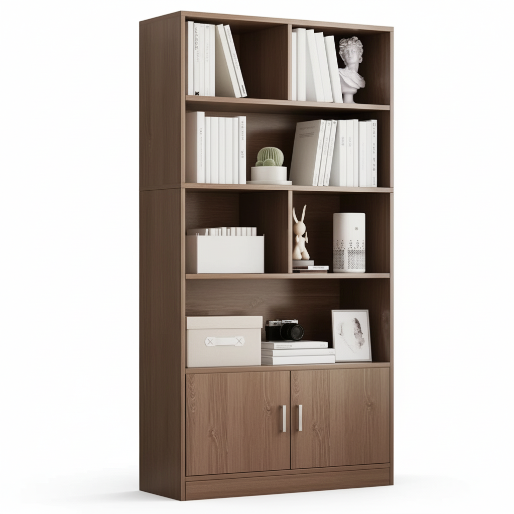 Tall Wooden Bookshelf Cabinet with Doors – Multi-Tier U-Shaped MDF Storage and Display Unit for Living Room, Bedroom or Office, 63 x 31.5 x 9.4 in (160 x 80 x 24 cm)