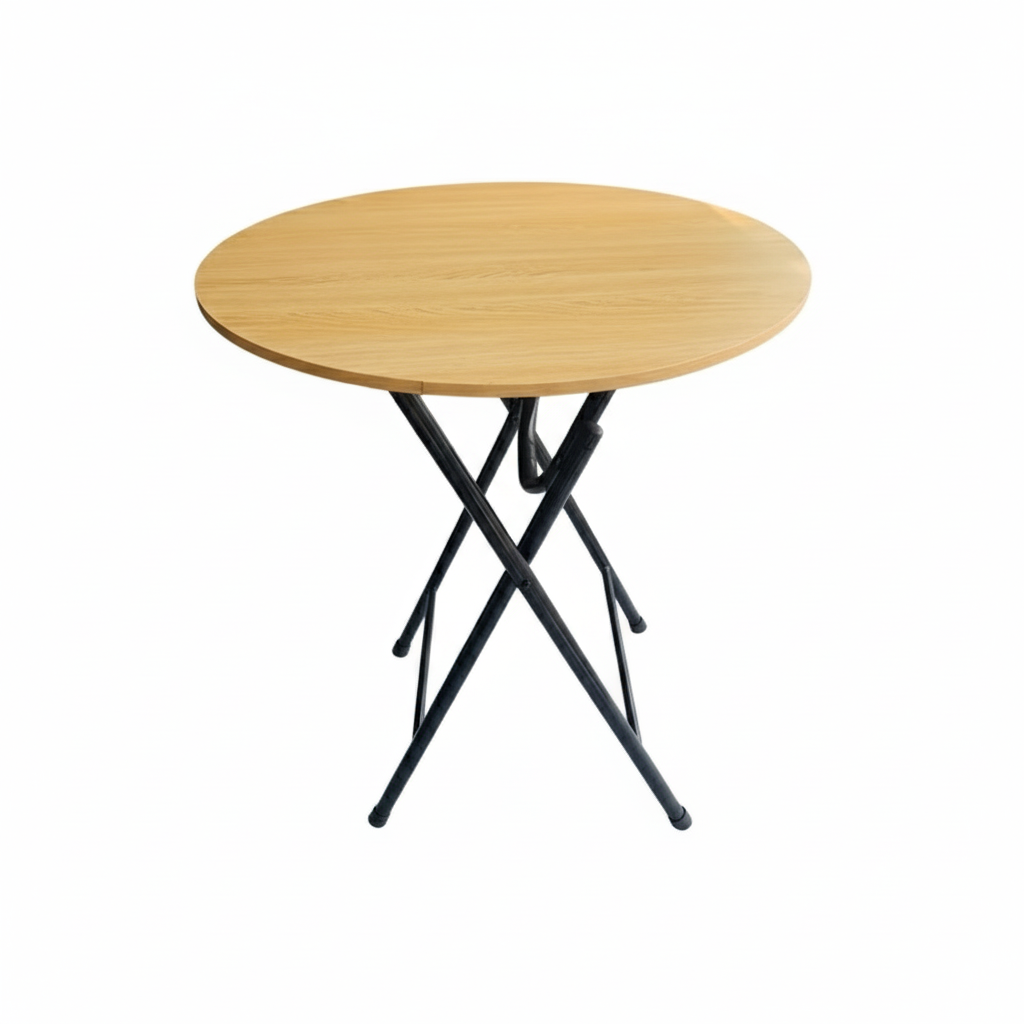 Round wooden table with black metal legs on a white background