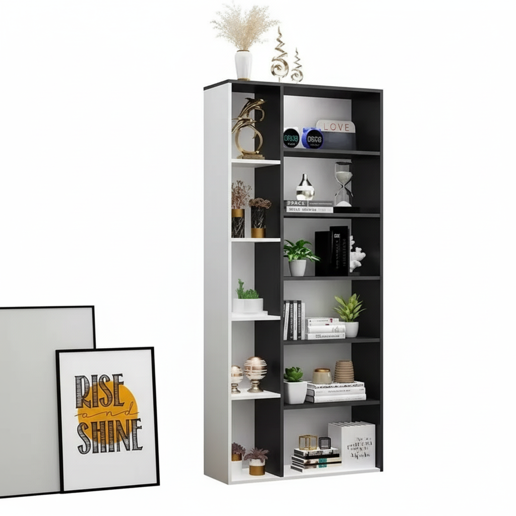 6-Tier Modern Wooden Bookshelf – MDF Storage Rack with White & Natural Wood Finish for Living Room, Office or Bedroom, 23.6 x 9.8 x 70.8 in (60 x 25 x 180 cm)