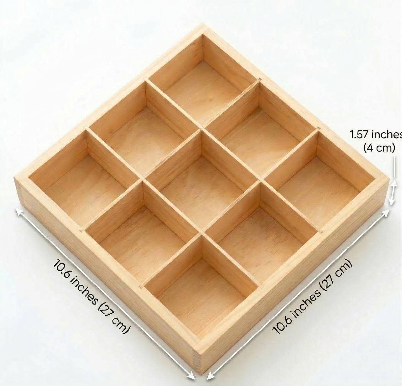 9 Compartments Wood Divider Tray, Square Pine Serving Party Platter for Fruit Snacks Candy, Jewelry Storage Organizer, Space-Saving Drawer Organization 10.6 x 10.6 x 1.57 inch