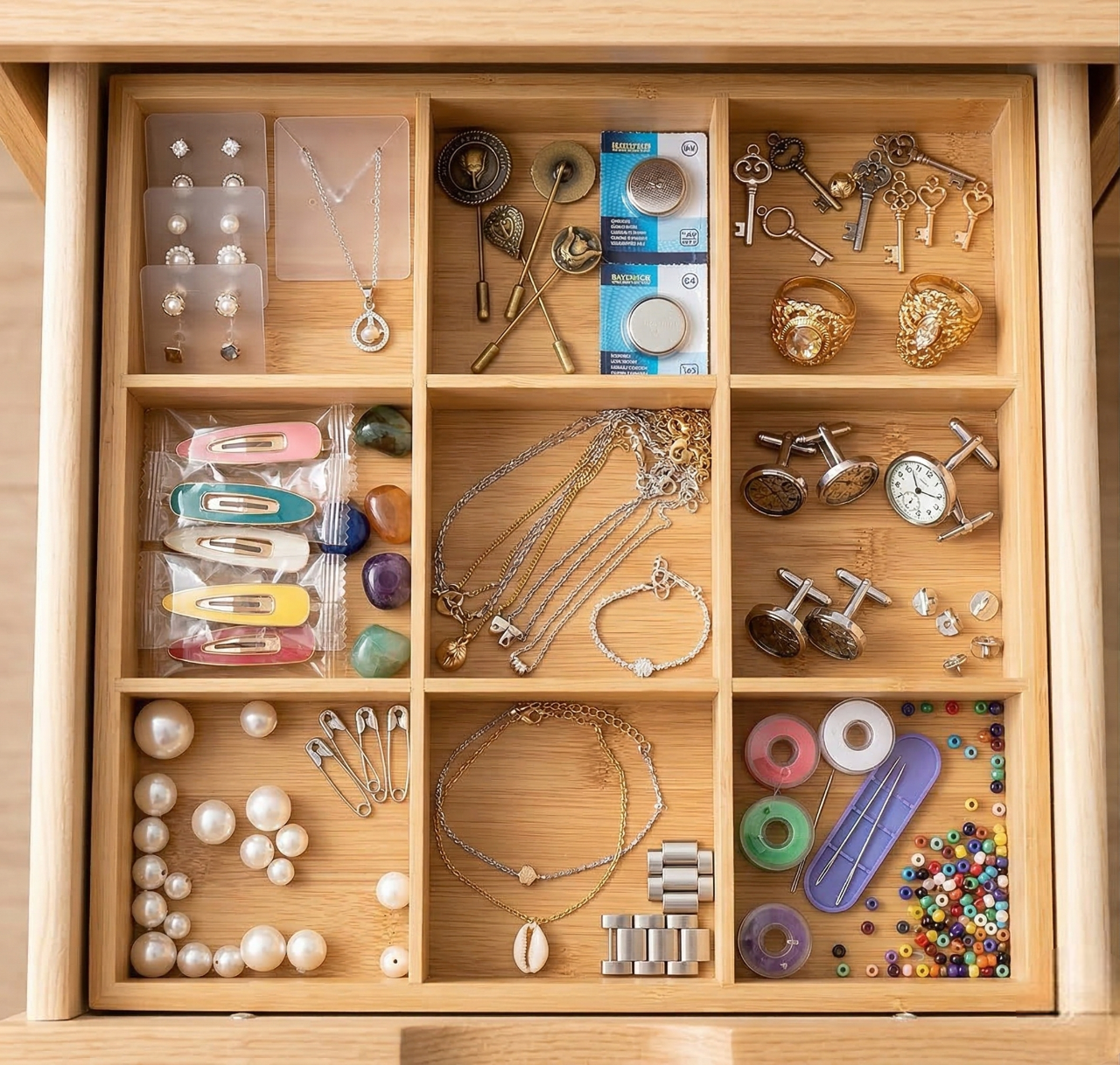 9 Compartments Wood Divider Tray, Square Pine Serving Party Platter for Fruit Snacks Candy, Jewelry Storage Organizer, Space-Saving Drawer Organization 10.6 x 10.6 x 1.57 inch