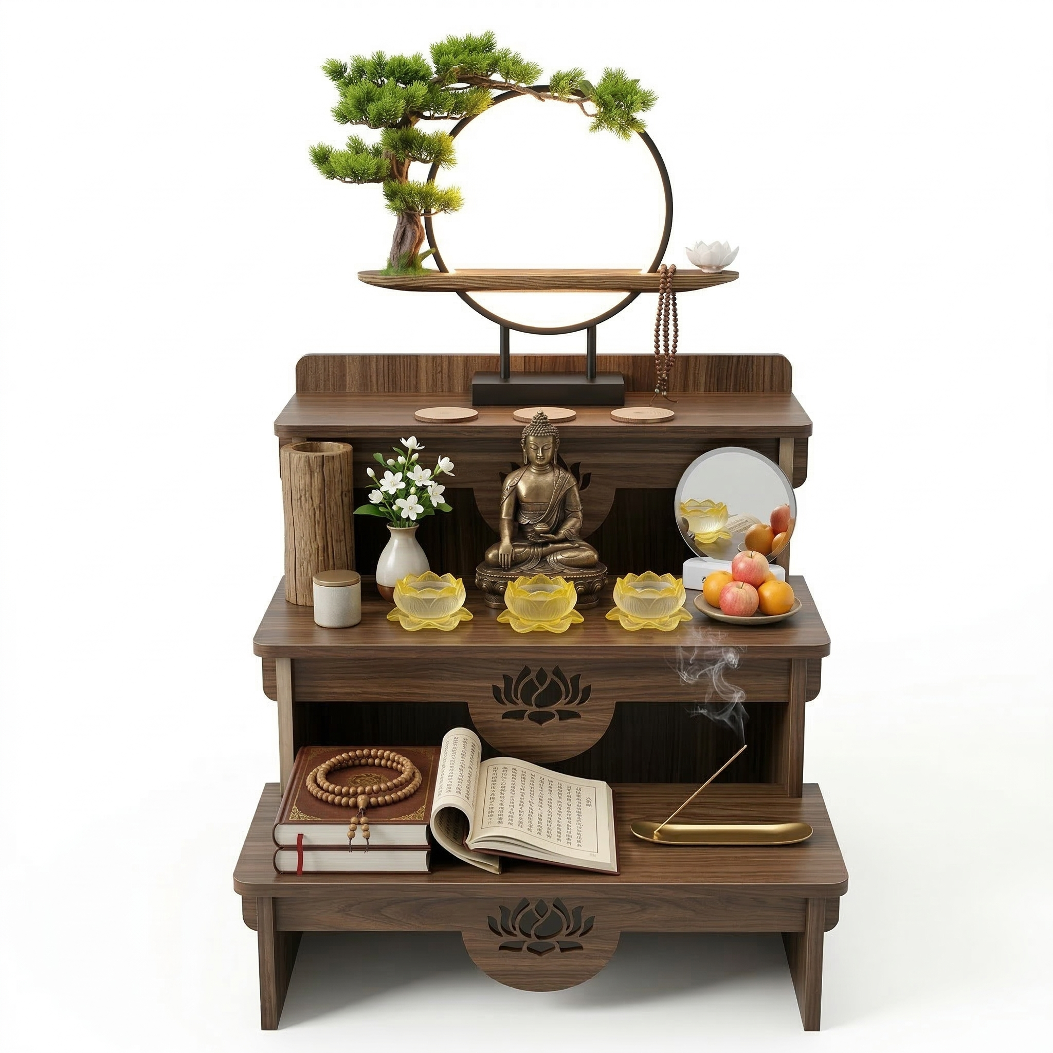 3-Tier Buddhist Altar Table for Prayer & Meditation, Zen Style Wooden Shrine Cabinet with Storage Drawer, MDF Melamine Home Worship Table 23.2 x 24.4 x 26.8 in (59 x 62 x 68 cm)