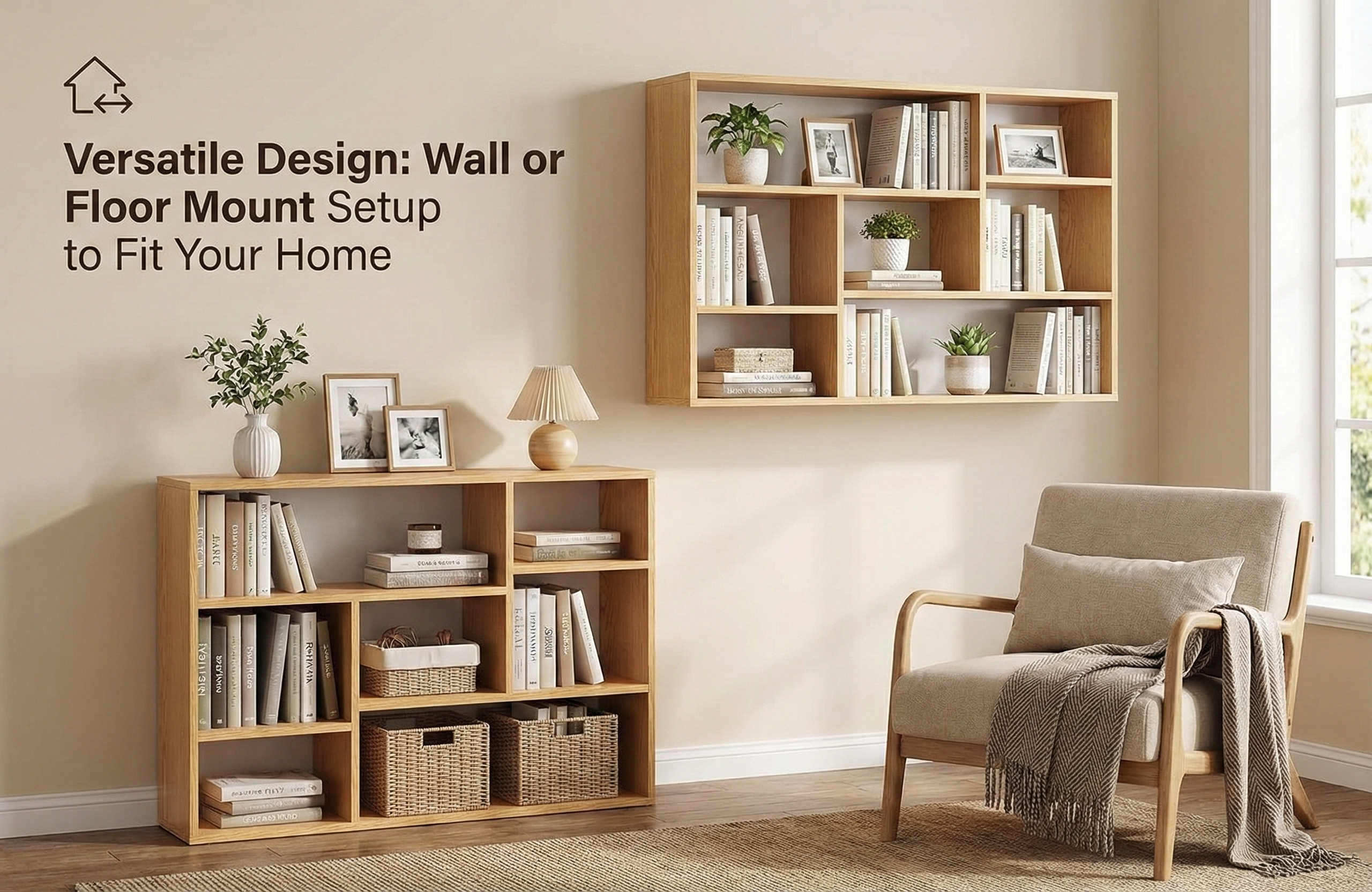 Wall-Mounted Wooden Bookshelf – Multi-Compartment MDF Storage Rack for Living Room, Kitchen or Office, 47.2 x 31.5 in (120 x 80 cm)