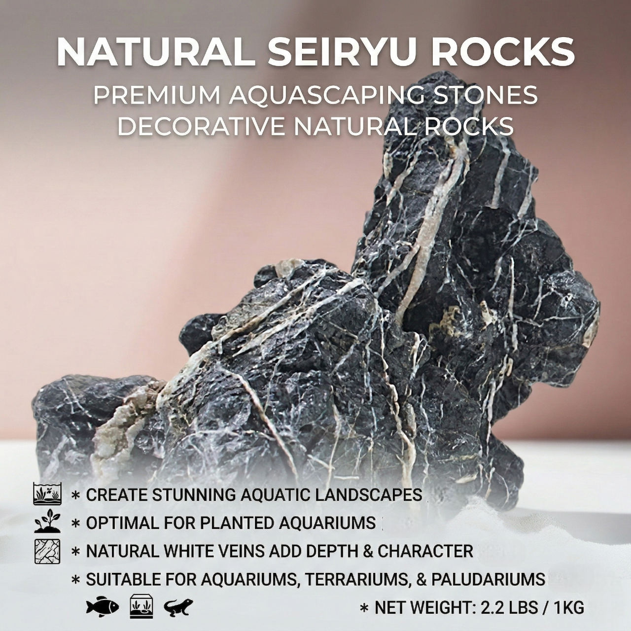 Natural Seiryu Rocks - Aquariums Stones Natural Rocks 2.2 lbs/1kg with White Veins for Fish Tank, Aquariums, and Paludariums - Decorative Rocks for Terrariums, Vivariums, Reptile Enclosures, and Gardens