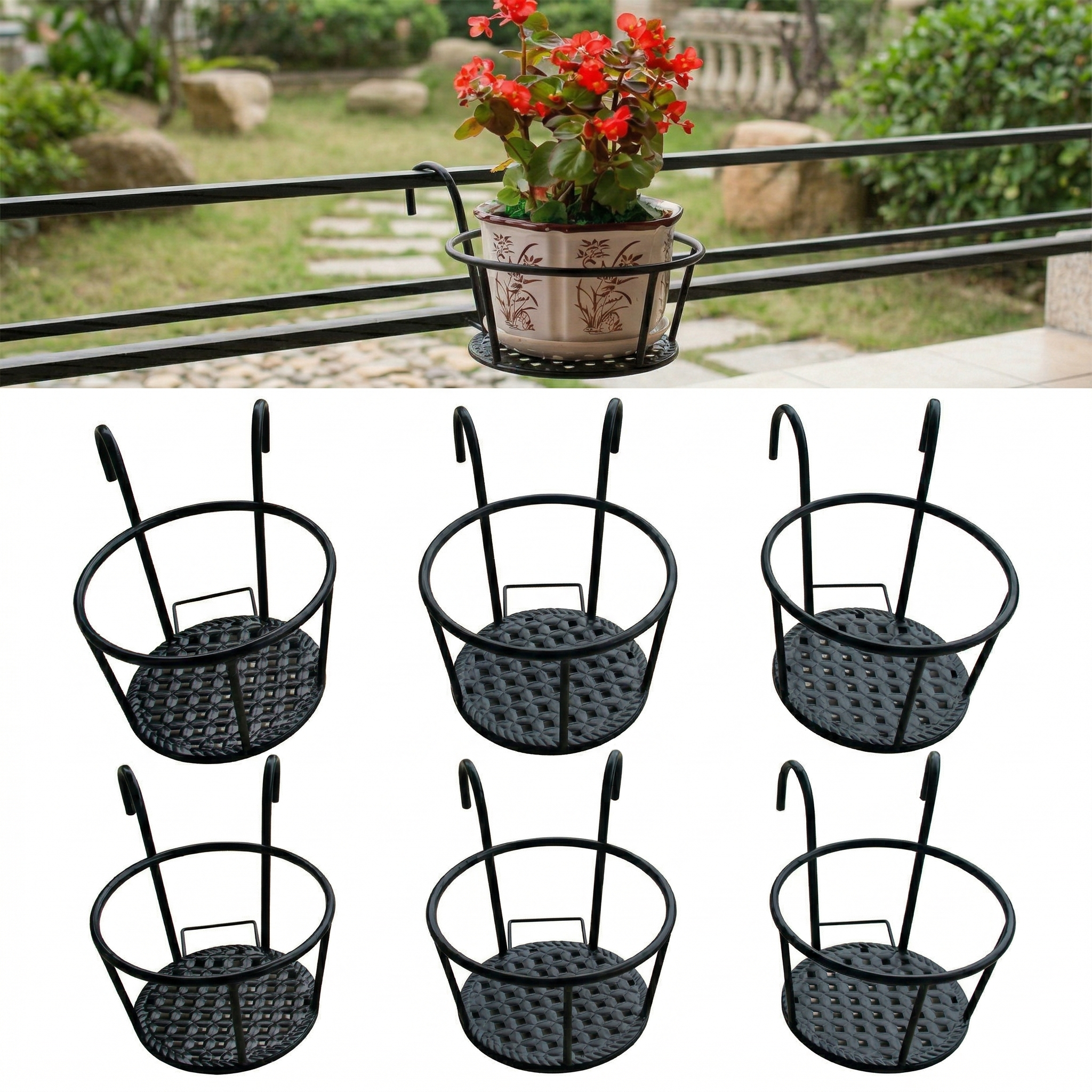 Iron Art Hanging Plant Holder for Balcony, Patio, Porch - Metal Railing Flower Pot Basket Stand for Outdoor, Indoor, Succulent, and Flower Plants 8.7 x 7.1 x 4.7 in