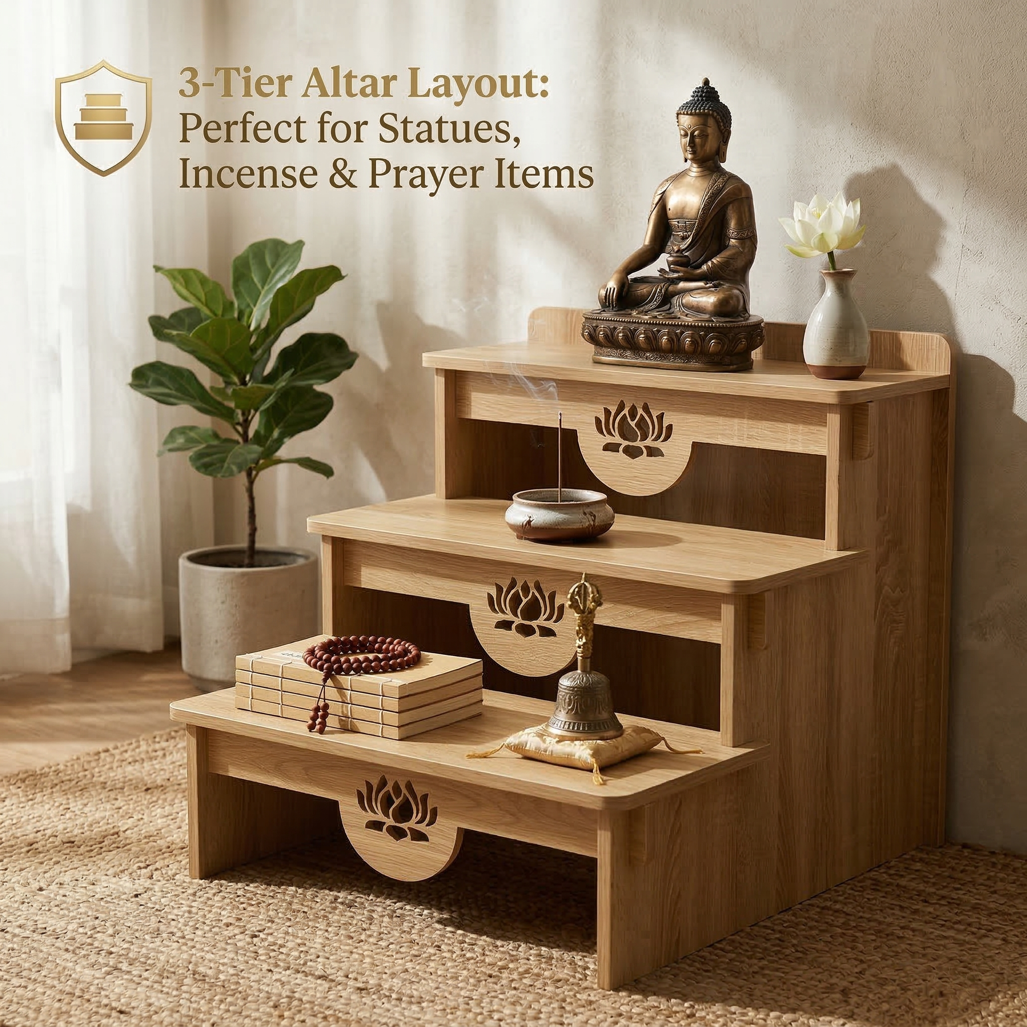 3-Tier Buddhist Altar Table for Prayer & Meditation, Zen Style Wooden Shrine Cabinet with Storage Drawer, MDF Melamine Home Worship Table 23.2 x 24.4 x 26.8 in (59 x 62 x 68 cm)