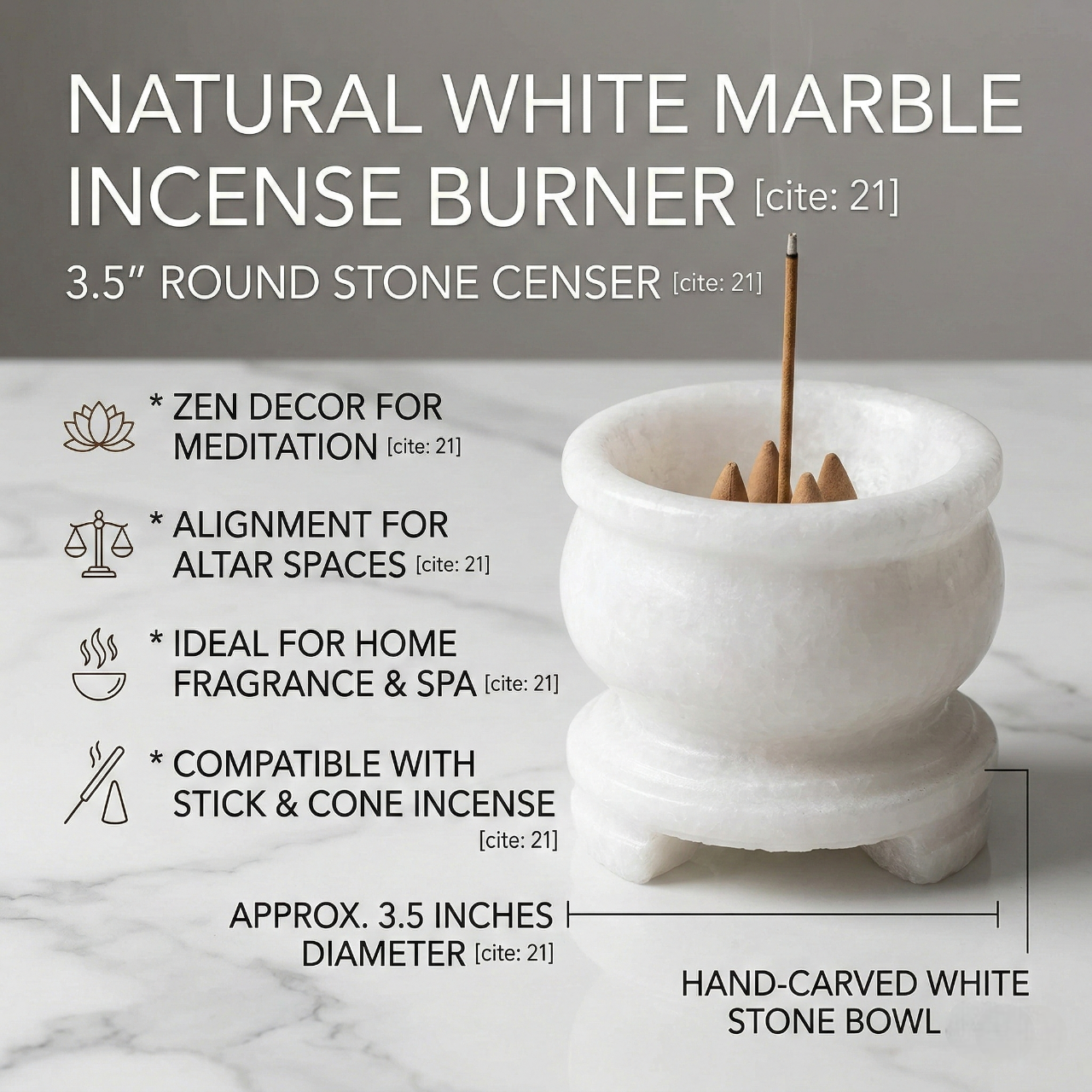 3.5" Natural White Marble Incense Burner - Round Stone Censer for Stick & Cone Incense - Zen Decor for Meditation, Altar, Home Fragrance, and Spa - Hand-Carved White Stone Bowl