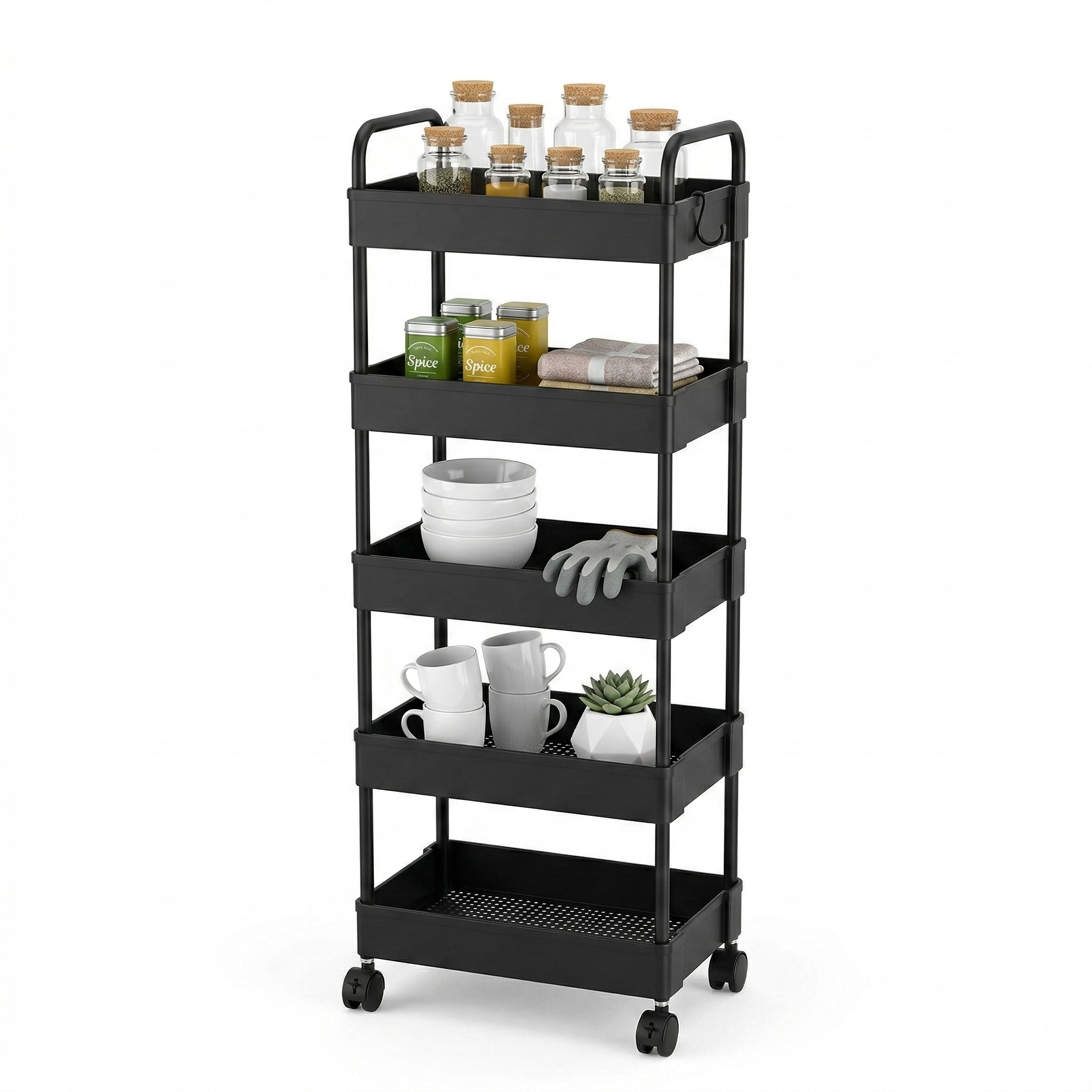 5-Tier Rolling Utility Cart with Wheels, Metal Mesh Storage Organizer for Kitchen, Bathroom, Office – 15.7 x 11.8 x 53.1 in (40 x 30 x 135 cm), Black