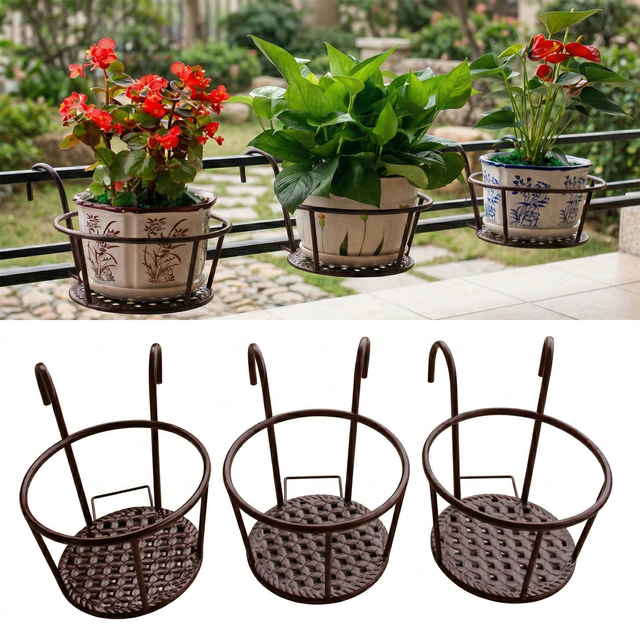 Iron Art Hanging Plant Holder for Balcony, Patio, Porch - Metal Railing Flower Pot Basket Stand for Outdoor, Indoor, Succulent, and Flower Plants 8.7 x 7.1 x 4.7 in