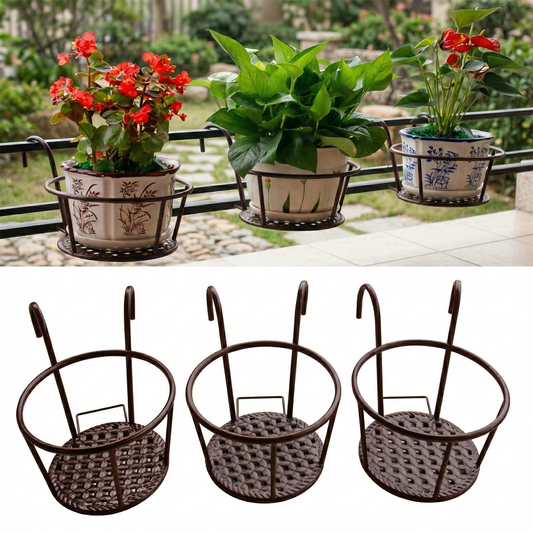 Iron Art Hanging Plant Holder for Balcony, Patio, Porch - Metal Railing Flower Pot Basket Stand for Outdoor, Indoor, Succulent, and Flower Plants 8.7 x 7.1 x 4.7 in