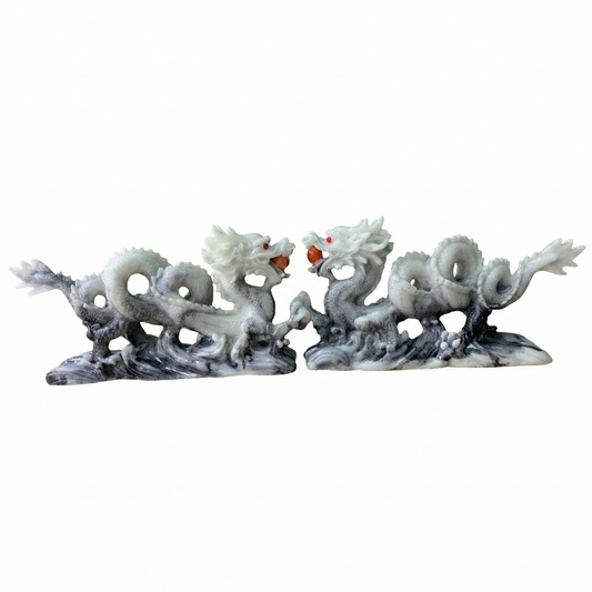 12" Twin Dragon Statues Holding Pearls - Hand-Cast Stone Imperial Dragon Sculpture - Feng Shui Guardian for Success, Power, and Protection - Ideal Home & Office Decor