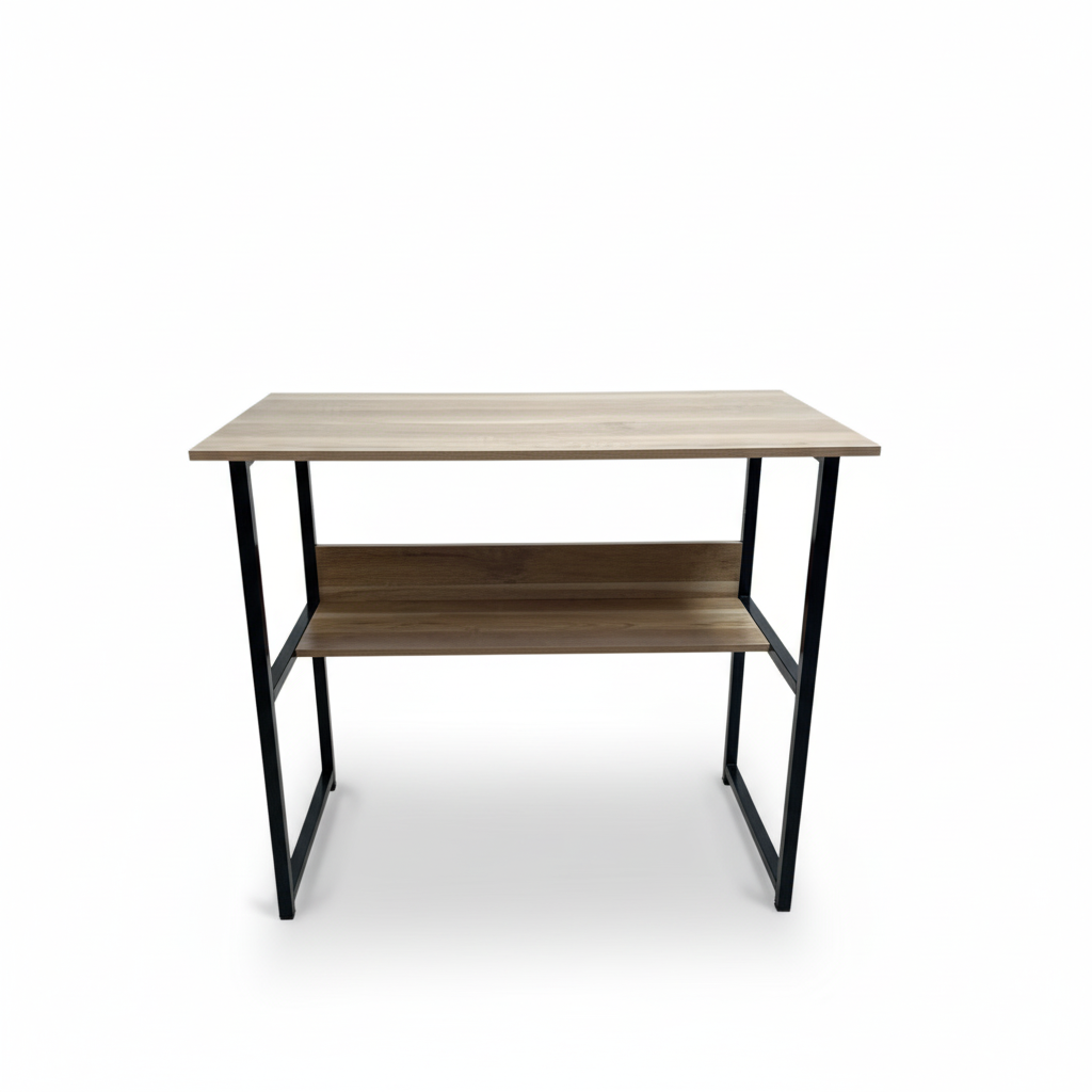 Modern Wooden Study Desk with Metal Frame – Compact Computer Table with Storage Shelf for Home Office & Students