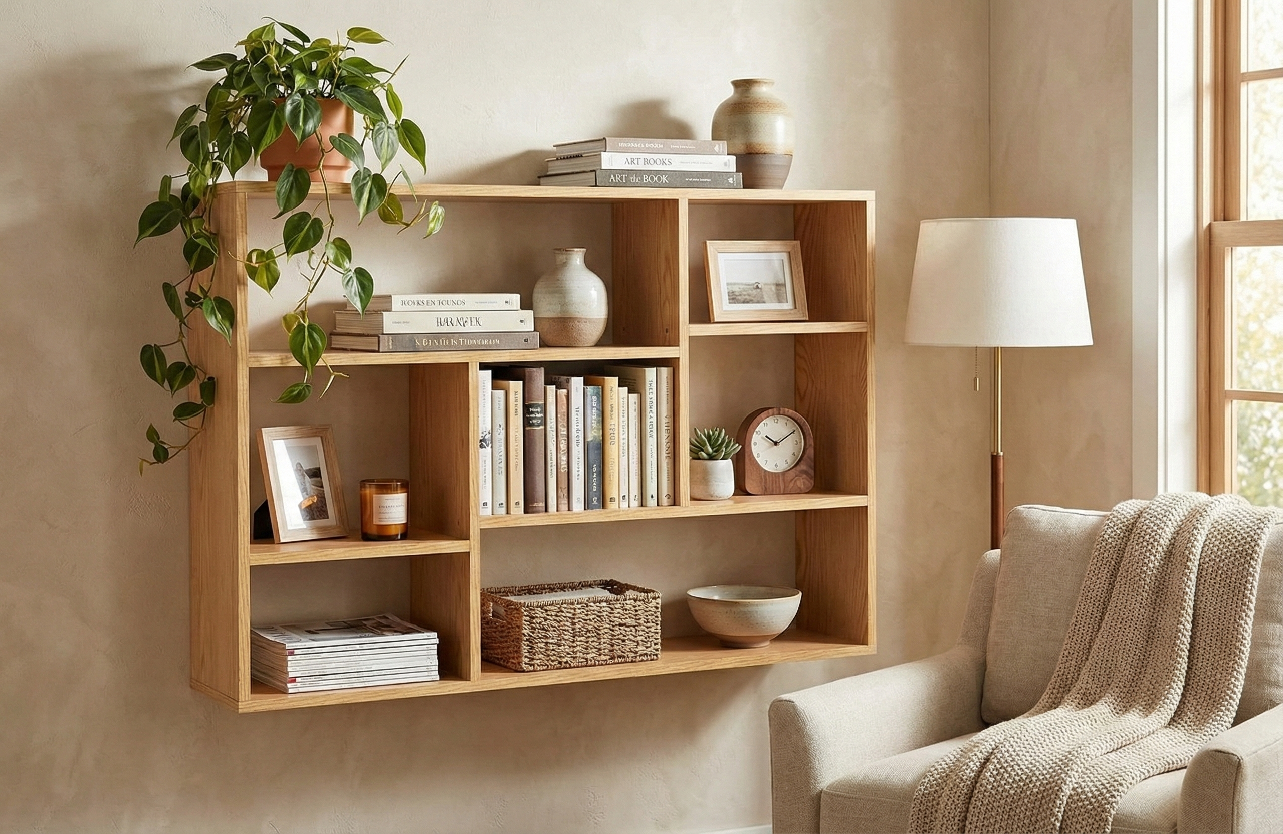 Wall-Mounted Wooden Bookshelf – Multi-Compartment MDF Storage Rack for Living Room, Kitchen or Office, 47.2 x 31.5 in (120 x 80 cm)