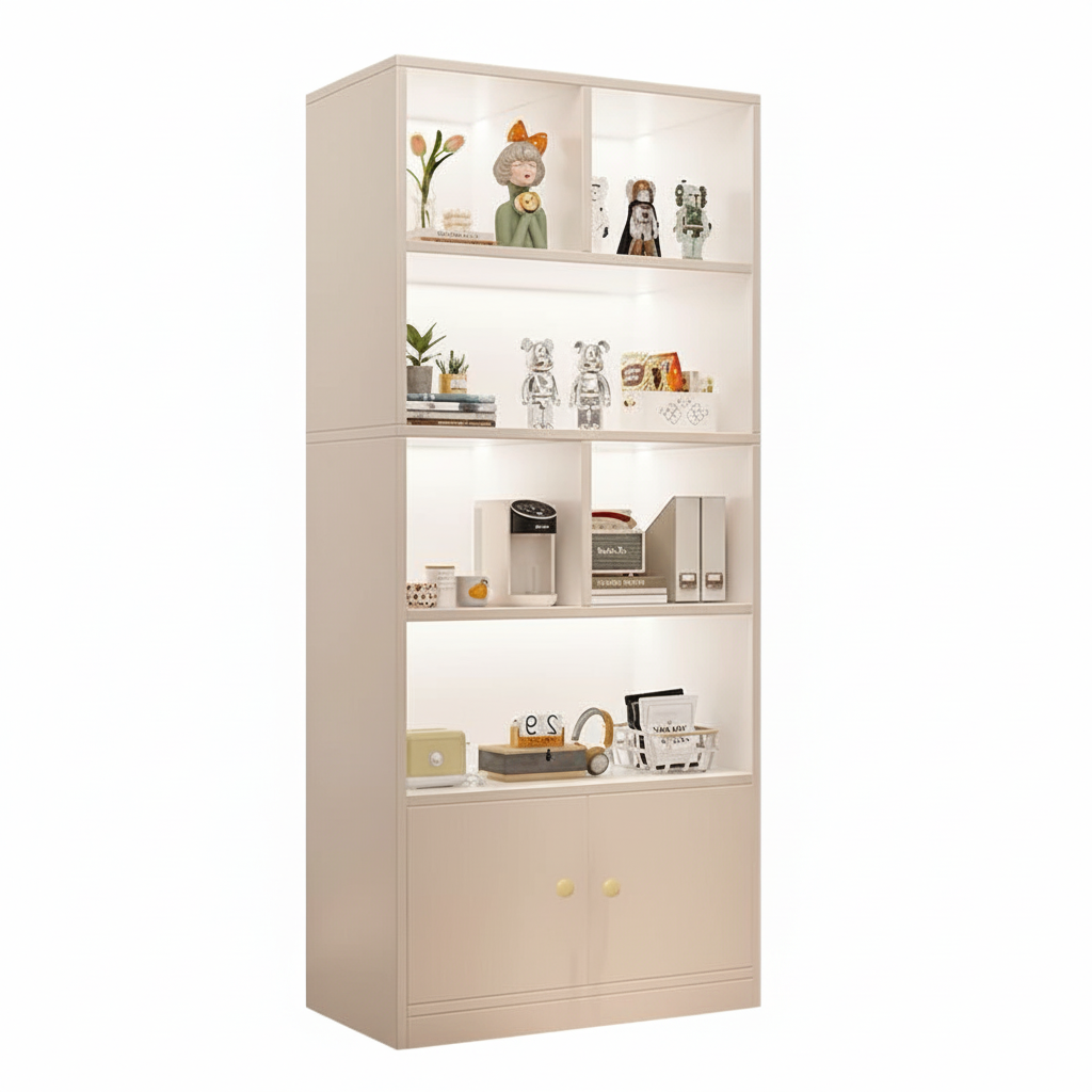 Tall Wooden Bookshelf Cabinet with Doors – Multi-Tier U-Shaped MDF Storage and Display Unit for Living Room, Bedroom or Office, 63 x 31.5 x 9.4 in (160 x 80 x 24 cm)