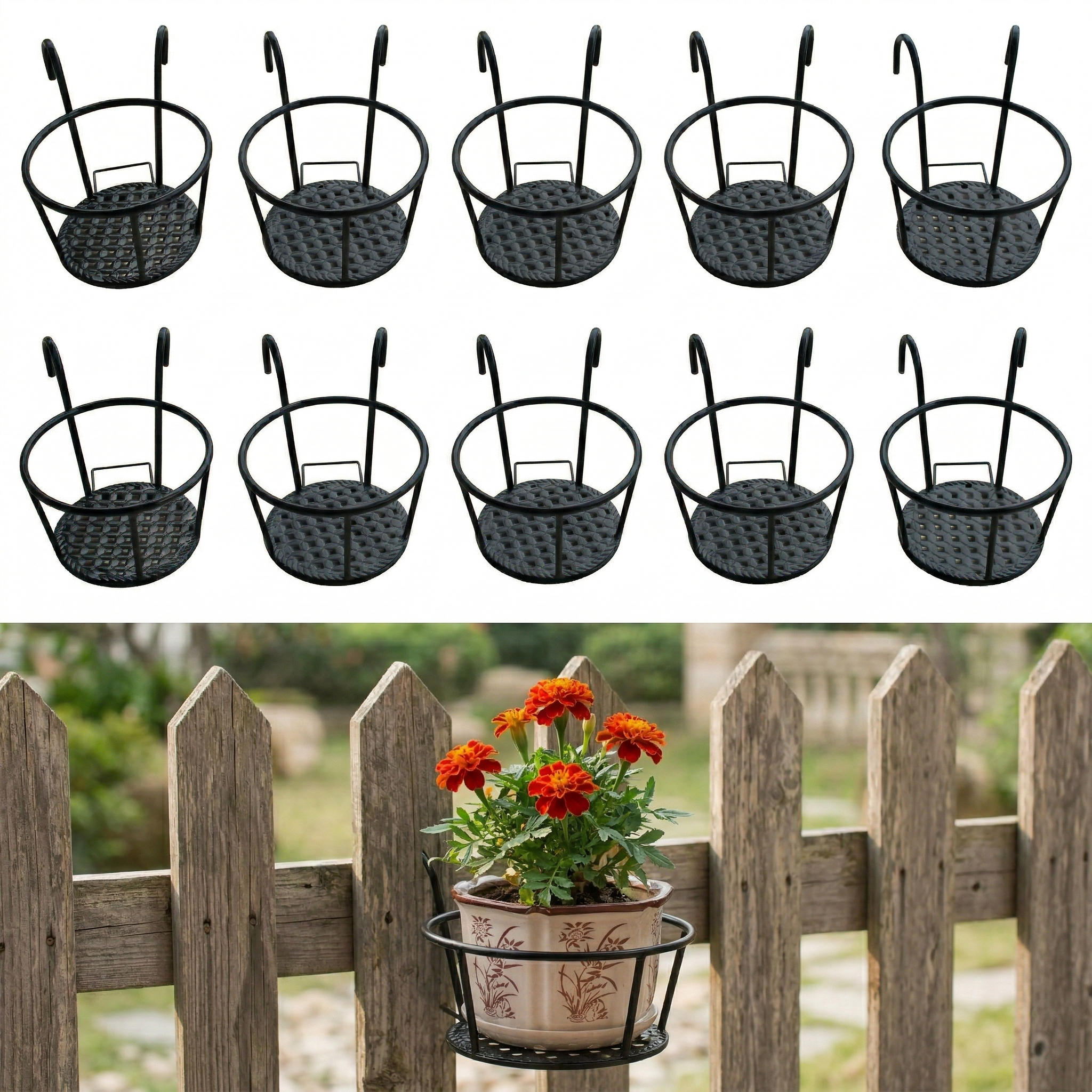 Iron Art Hanging Plant Holder for Balcony, Patio, Porch - Metal Railing Flower Pot Basket Stand for Outdoor, Indoor, Succulent, and Flower Plants 8.7 x 7.1 x 4.7 in