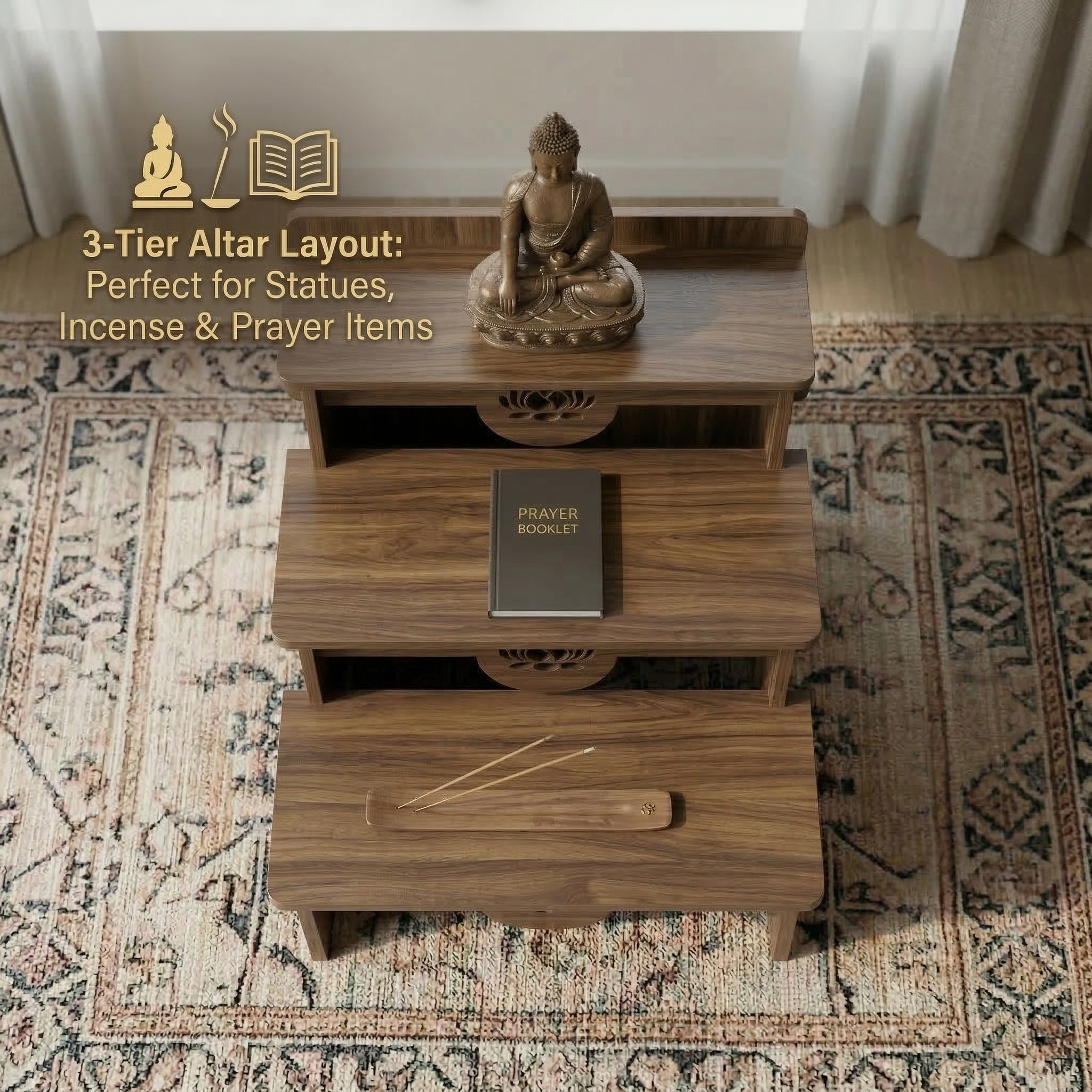 3-Tier Buddhist Altar Table for Prayer & Meditation, Zen Style Wooden Shrine Cabinet with Storage Drawer, MDF Melamine Home Worship Table 23.2 x 24.4 x 26.8 in (59 x 62 x 68 cm)