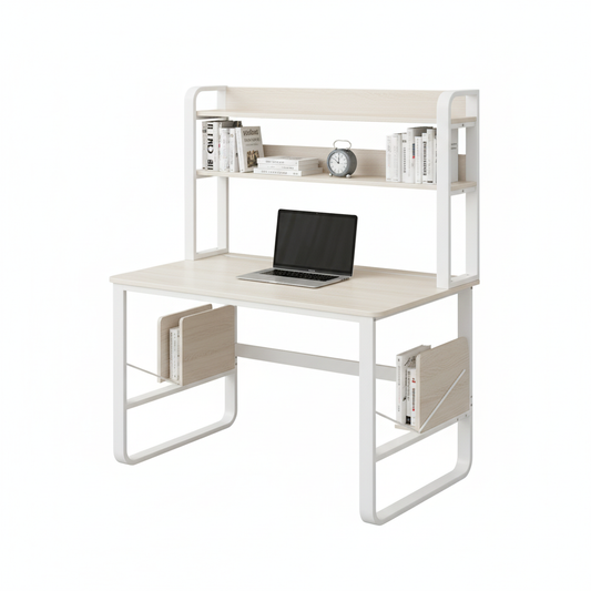 Wood and Metal Study Desk with Bookshelf, 2-Tier Computer Table for Home Office, Durable MDF Top and Steel Frame, 47.2 x 23.6 x 53.1 in (120 x 60 x 135 cm)