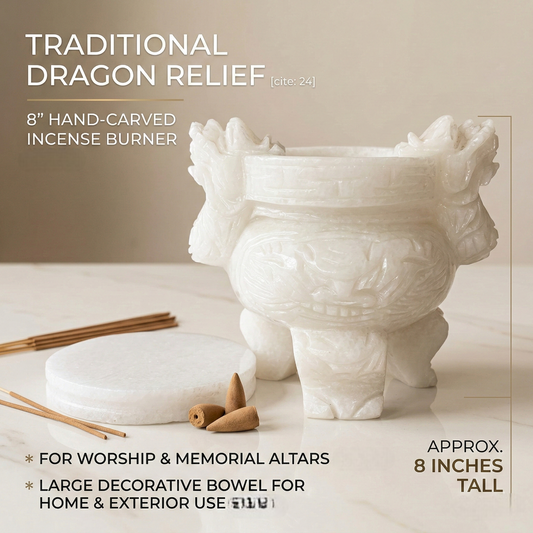 8" Hand-Carved White Stone Incense Burner with Dragon Relief - Traditional Altar Censer for Worship & Memorial - Large Decorative Marble-Like Bowl for Home Altar or Cemetery Decor