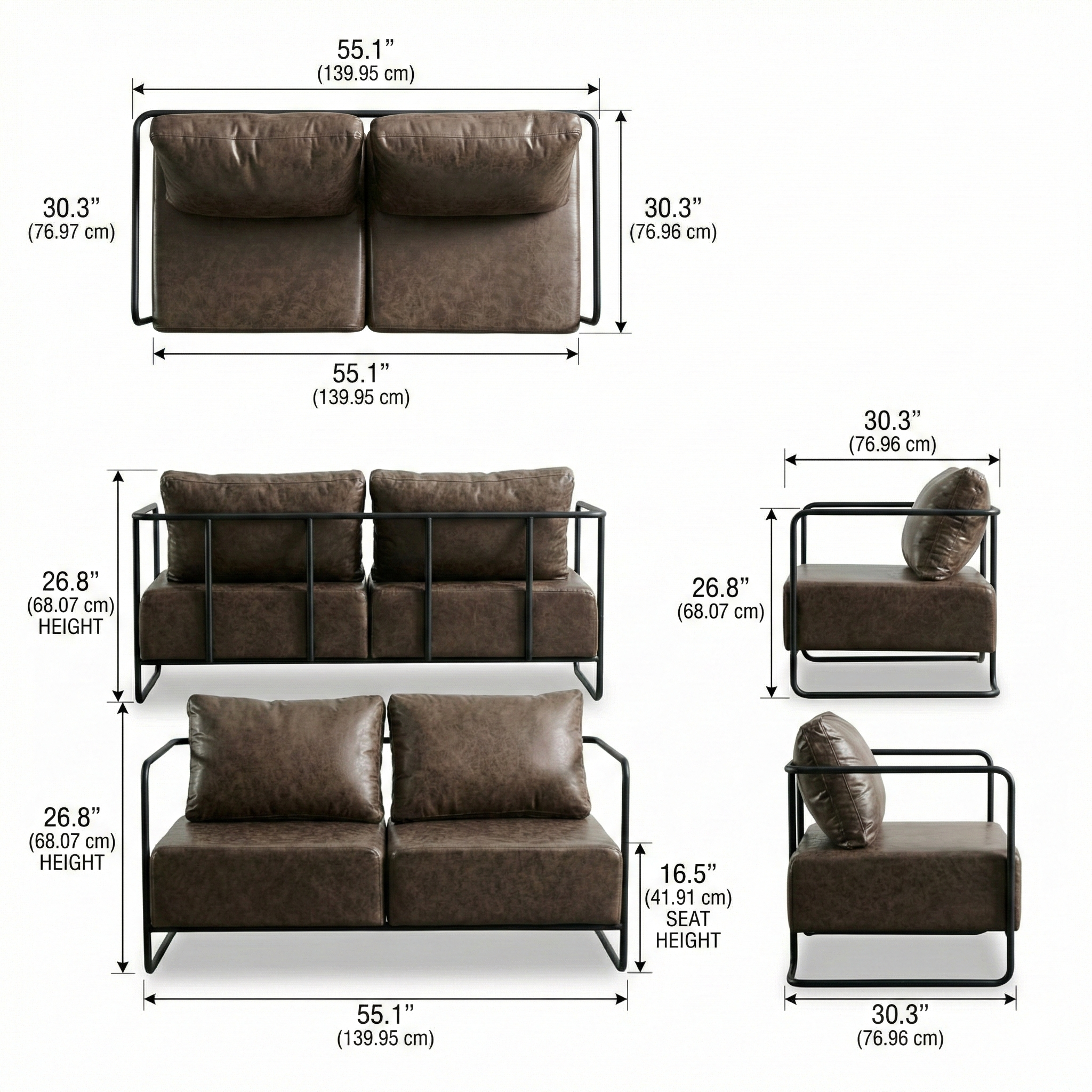 Modern Upholstered Two-Seater Sofa with Metal Frame 55.1"x30.3"x26.8"-SH 16.5"