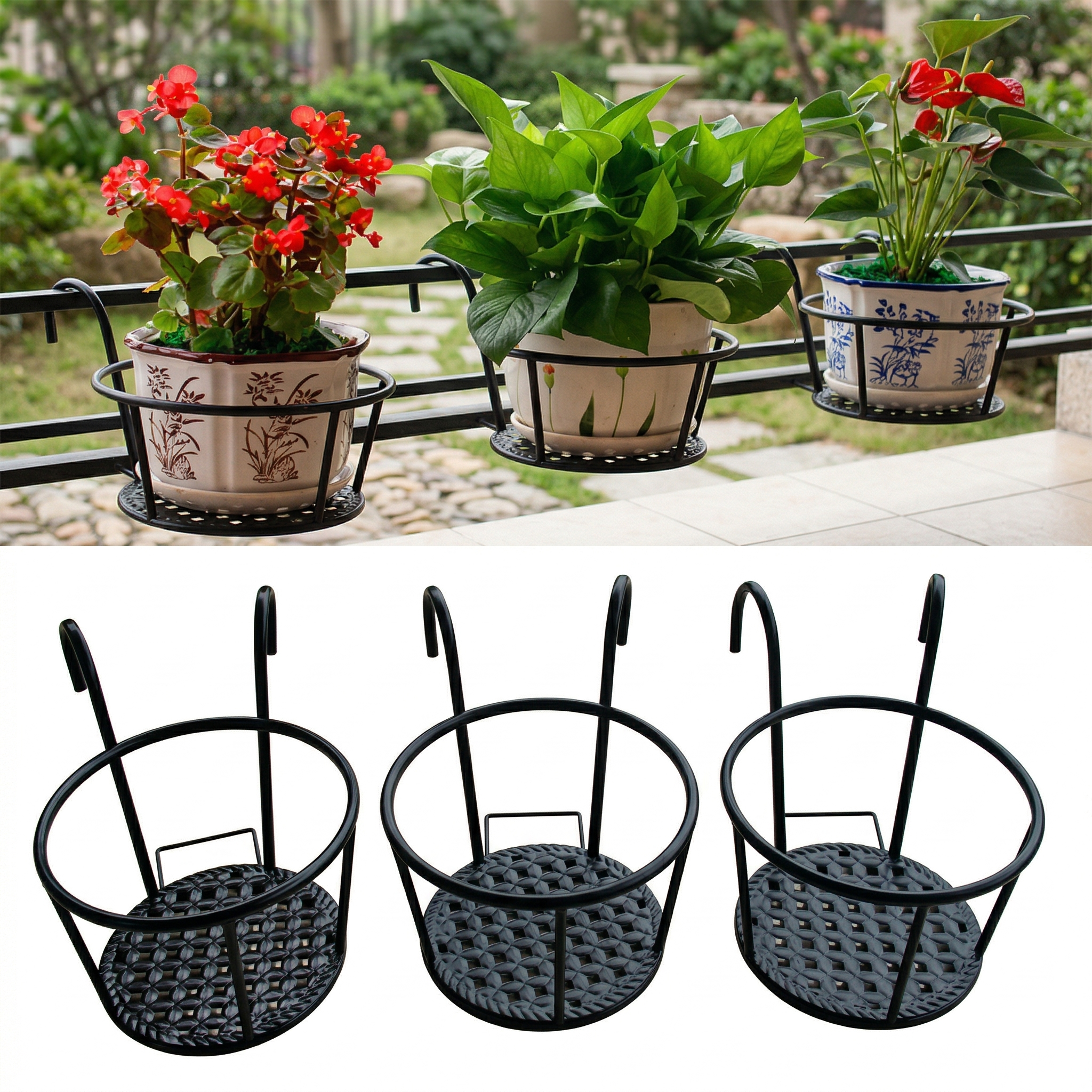 Iron Art Hanging Plant Holder for Balcony, Patio, Porch - Metal Railing Flower Pot Basket Stand for Outdoor, Indoor, Succulent, and Flower Plants 8.7 x 7.1 x 4.7 in