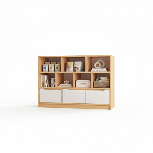 Modern Bookshelf with Storage, Nordic Style Wood Display Cabinet for Living Room, Multipurpose Floor Standing Organizer for Home Office, Sturdy & Easy Assembly, Natural Wood Finish