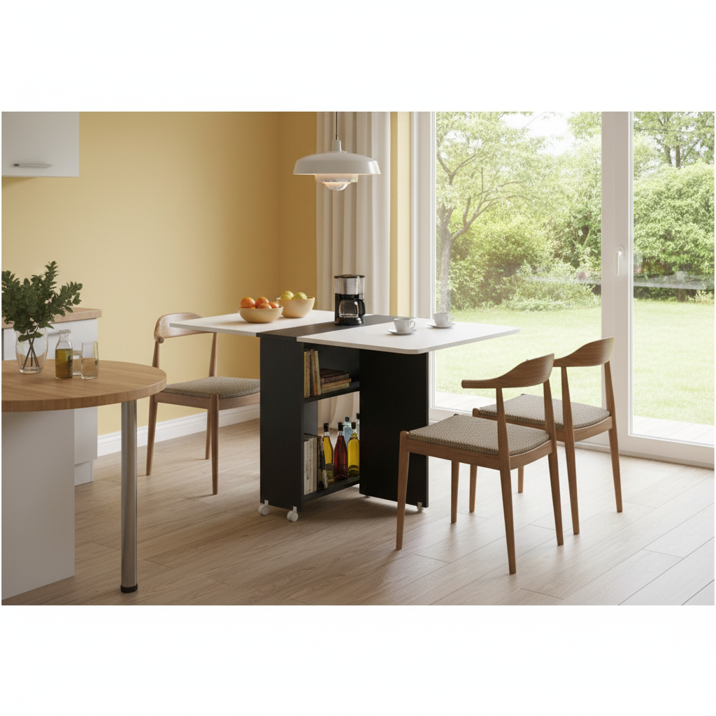 10 units Folding Dining Table with Wheels, Space-Saving Extendable Table for Kitchen or Living Room, Compact Wooden Table with Storage Shelf, Easy to Move, 27.2 x 31.5 x 55.9 in (69 x 80 x 142 cm)