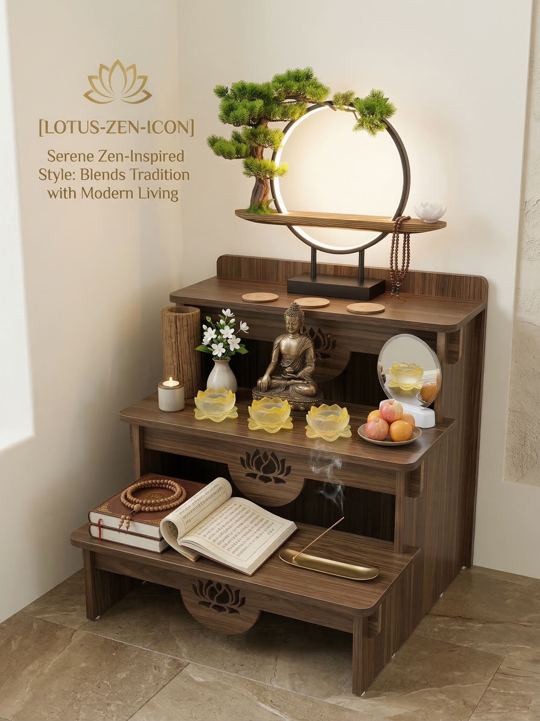 3-Tier Buddhist Altar Table for Prayer & Meditation, Zen Style Wooden Shrine Cabinet with Storage Drawer, MDF Melamine Home Worship Table 23.2 x 24.4 x 26.8 in (59 x 62 x 68 cm)