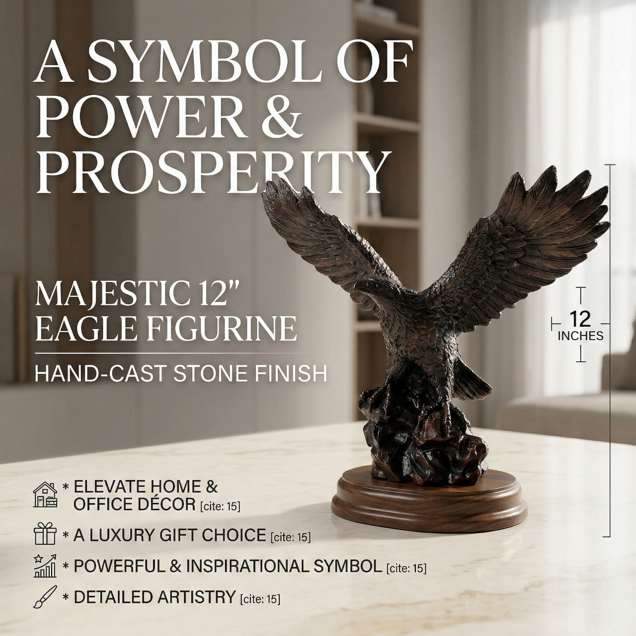 12" Majestic Eagle Statue - Hand-Cast Stone Finish Figurine, for Home Decor - Symbol of Power & Prosperity, Luxury Gift for Office & Living Room