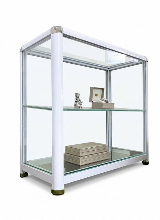 Glass Display Cabinets for Retail & Cafés – Aluminum Frame Counter Showcase with Forward-Sloped Shelf (2 Sizes Available)