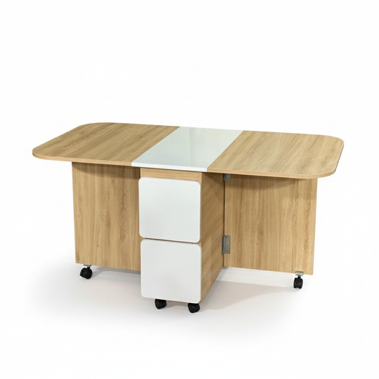 Folding Dining Table with Wheels, Space-Saving Extendable Table for Kitchen or Living Room, Compact Wooden Table with Storage Shelf, Easy to Move, 27.2 x 31.5 x 55.9 in (69 x 80 x 142 cm)