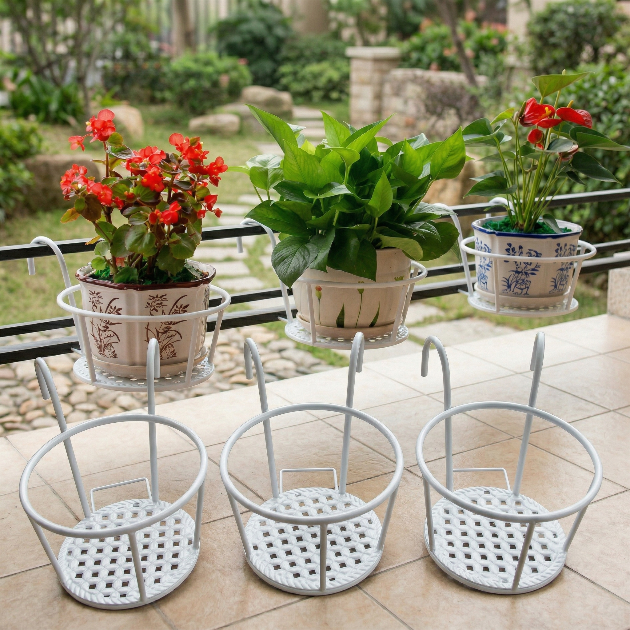 Iron Art Hanging Plant Holder for Balcony, Patio, Porch - Metal Railing Flower Pot Basket Stand for Outdoor, Indoor, Succulent, and Flower Plants 8.7 x 7.1 x 4.7 in