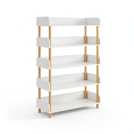Modern Wooden Bookshelf with White Shelves – 5-Tier Freestanding Storage Rack for Living Room, Bedroom, or Office – Space-Saving Organizer 31.5 x 9.4 x 59 in (80 x 24 x 150 cm)