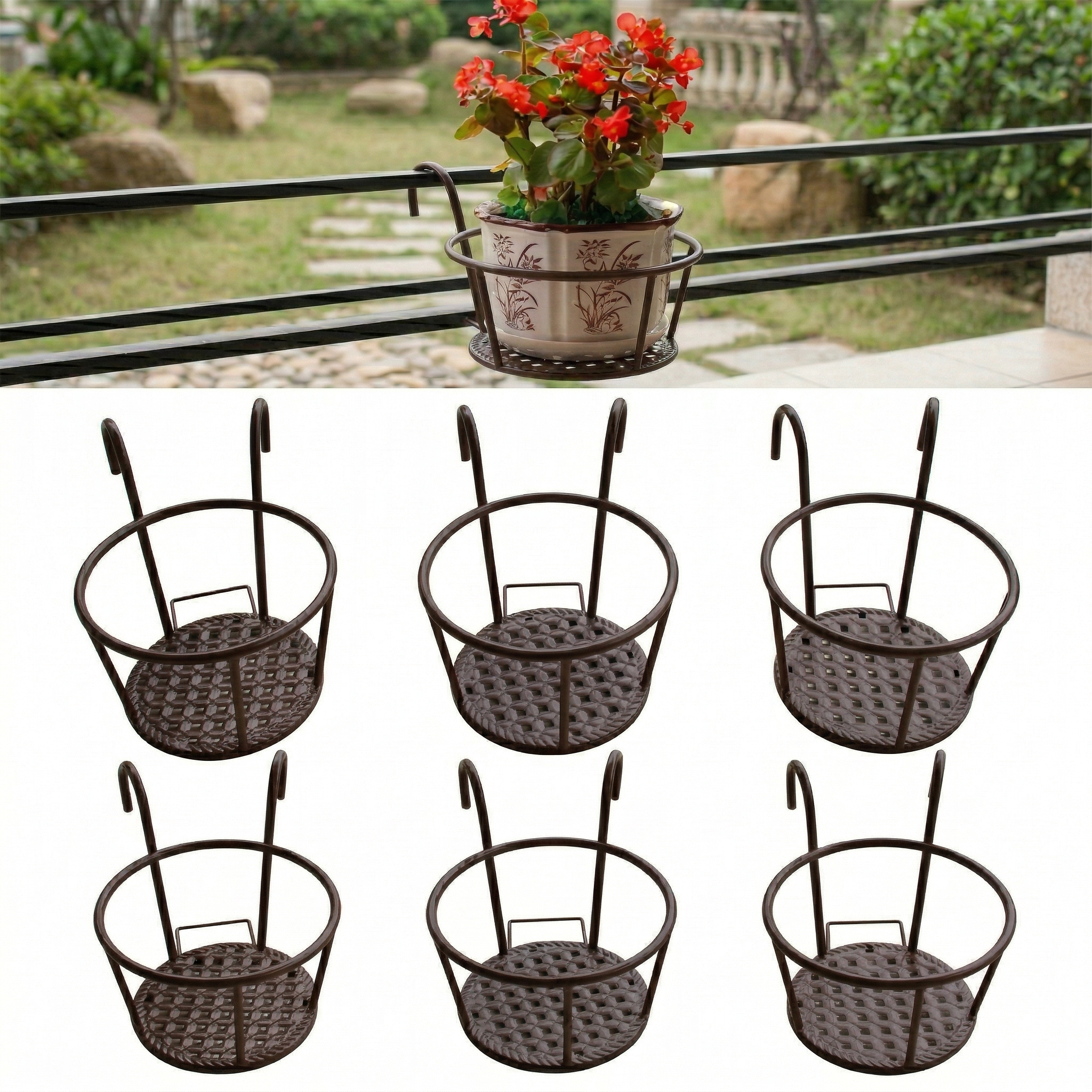 Iron Art Hanging Plant Holder for Balcony, Patio, Porch - Metal Railing Flower Pot Basket Stand for Outdoor, Indoor, Succulent, and Flower Plants 8.7 x 7.1 x 4.7 in