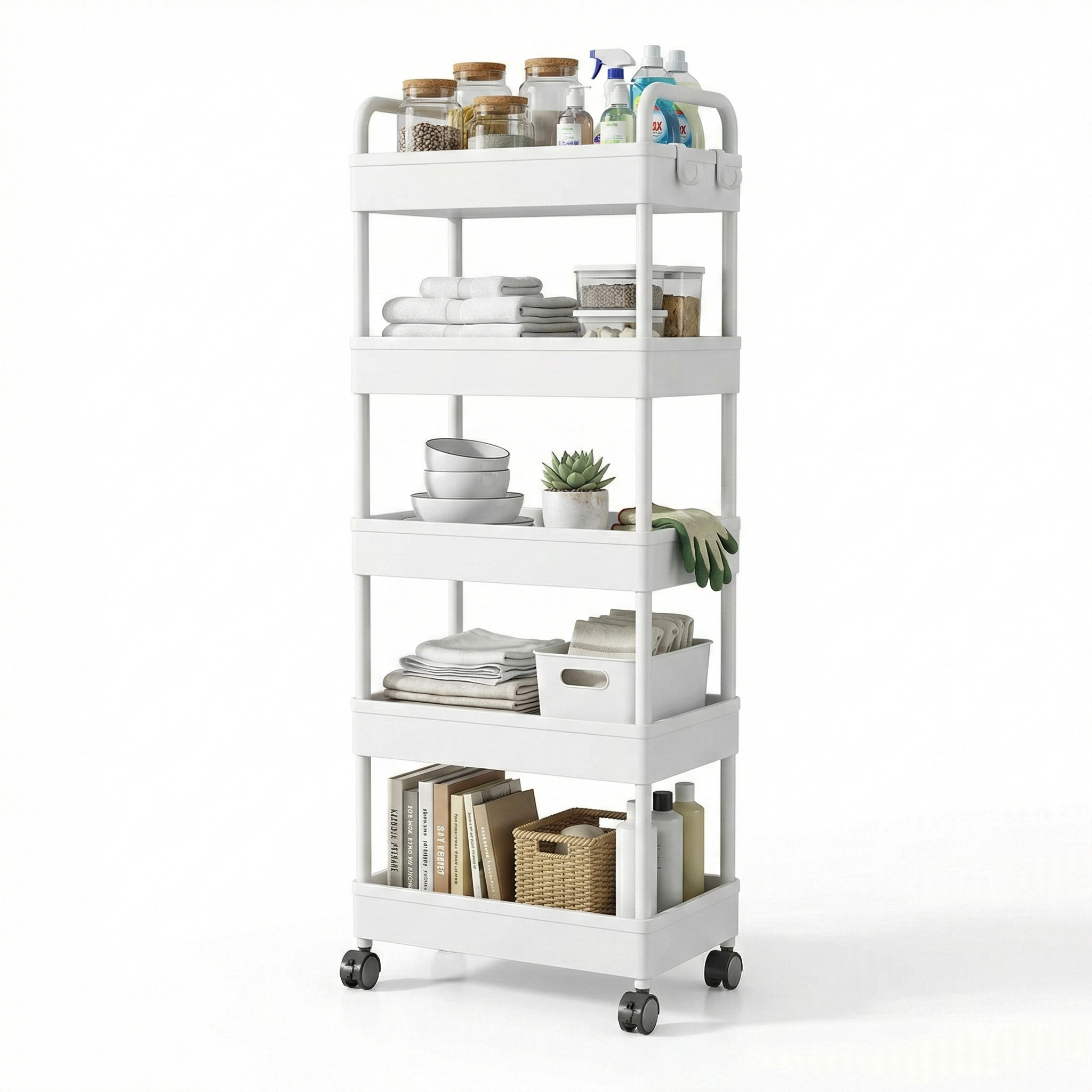 5-Tier Rolling Utility Cart with Wheels, Metal Mesh Storage Organizer for Kitchen, Bathroom, Office – 15.7 x 11.8 x 53.1 in (40 x 30 x 135 cm), Black