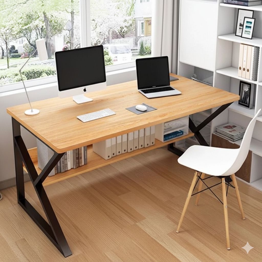 Modern Office Desk with K-Shaped Metal Legs – Wooden Computer Table for Home, Study or Workspace, 39.3 x 29.5 x 15.7 in (100 x 75 x 40 cm)