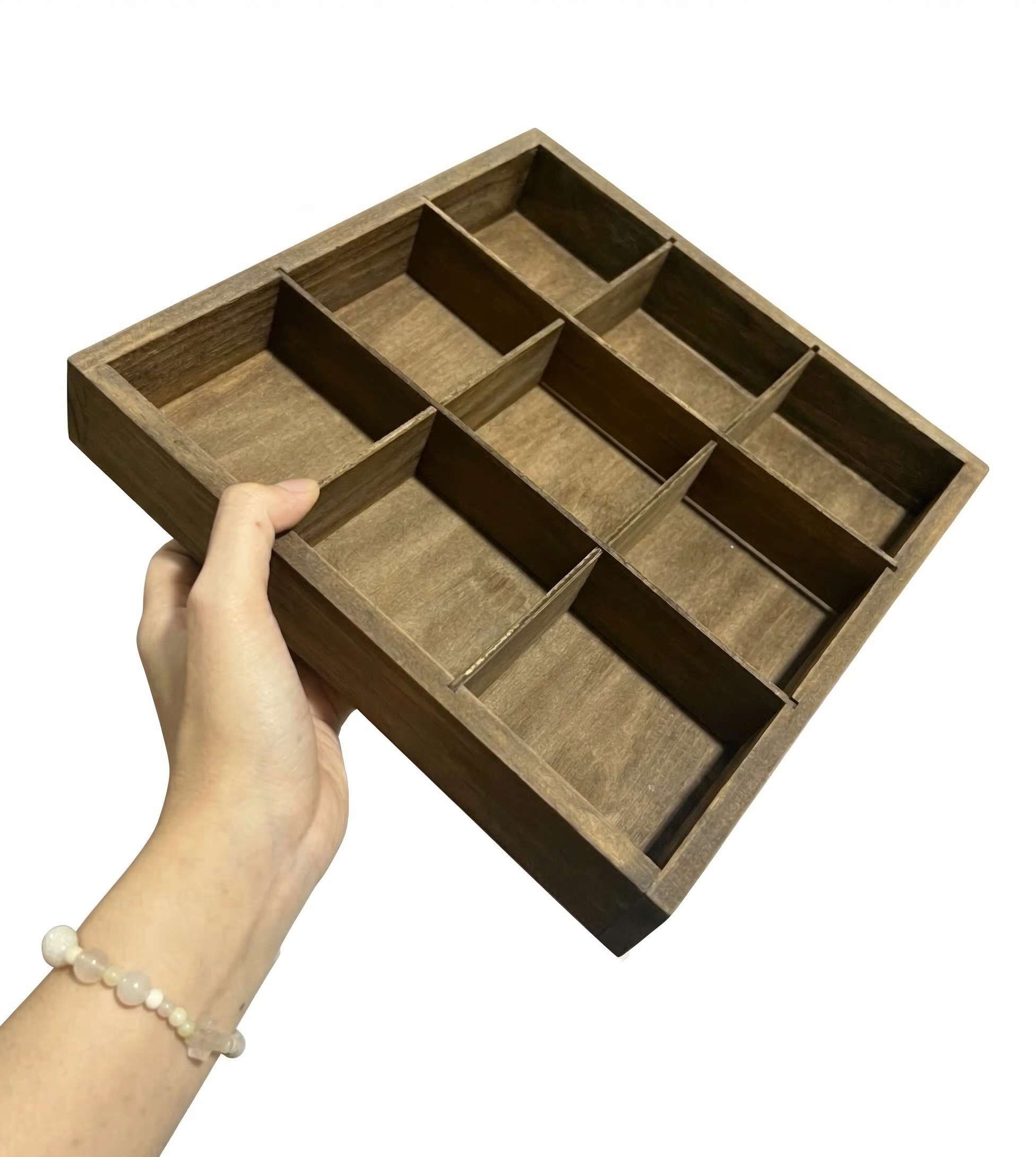9 Compartments Wood Divider Tray, Square Pine Serving Party Platter for Fruit Snacks Candy, Jewelry Storage Organizer, Space-Saving Drawer Organization 10.6 x 10.6 x 1.57 inch