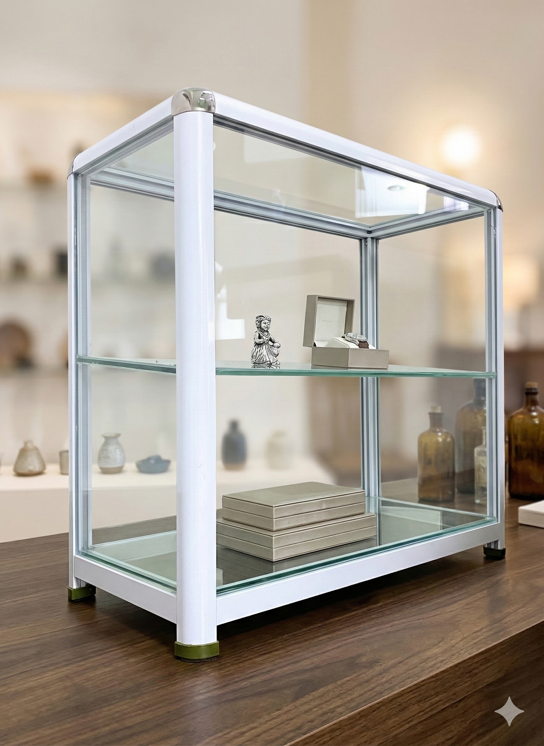 Glass Display Cabinets for Retail & Cafés – Aluminum Frame Counter Showcase with Forward-Sloped Shelf (2 Sizes Available)
