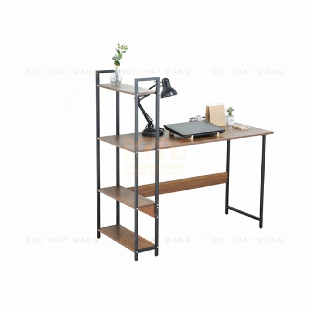 Home Office Desk with Storage Shelves – Modern MDF Wood Computer Table with Metal Frame for Study, Workstation or Living Room
