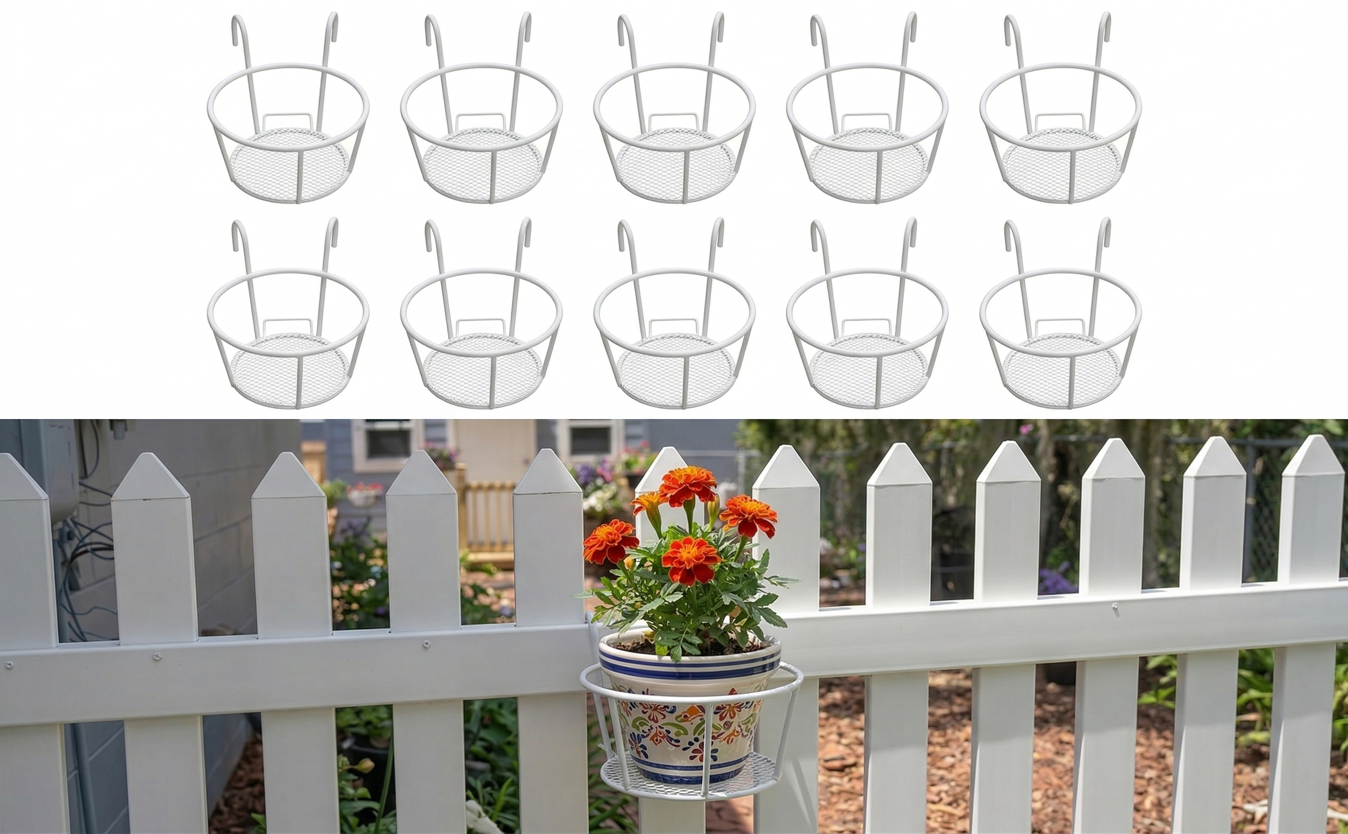 Iron Art Hanging Plant Holder for Balcony, Patio, Porch - Metal Railing Flower Pot Basket Stand for Outdoor, Indoor, Succulent, and Flower Plants 8.7 x 7.1 x 4.7 in