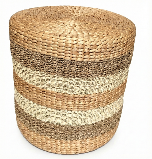 15.75" Water Hyacinth Woven Natural Ottoman Cushioned Sitting or Foot Stool