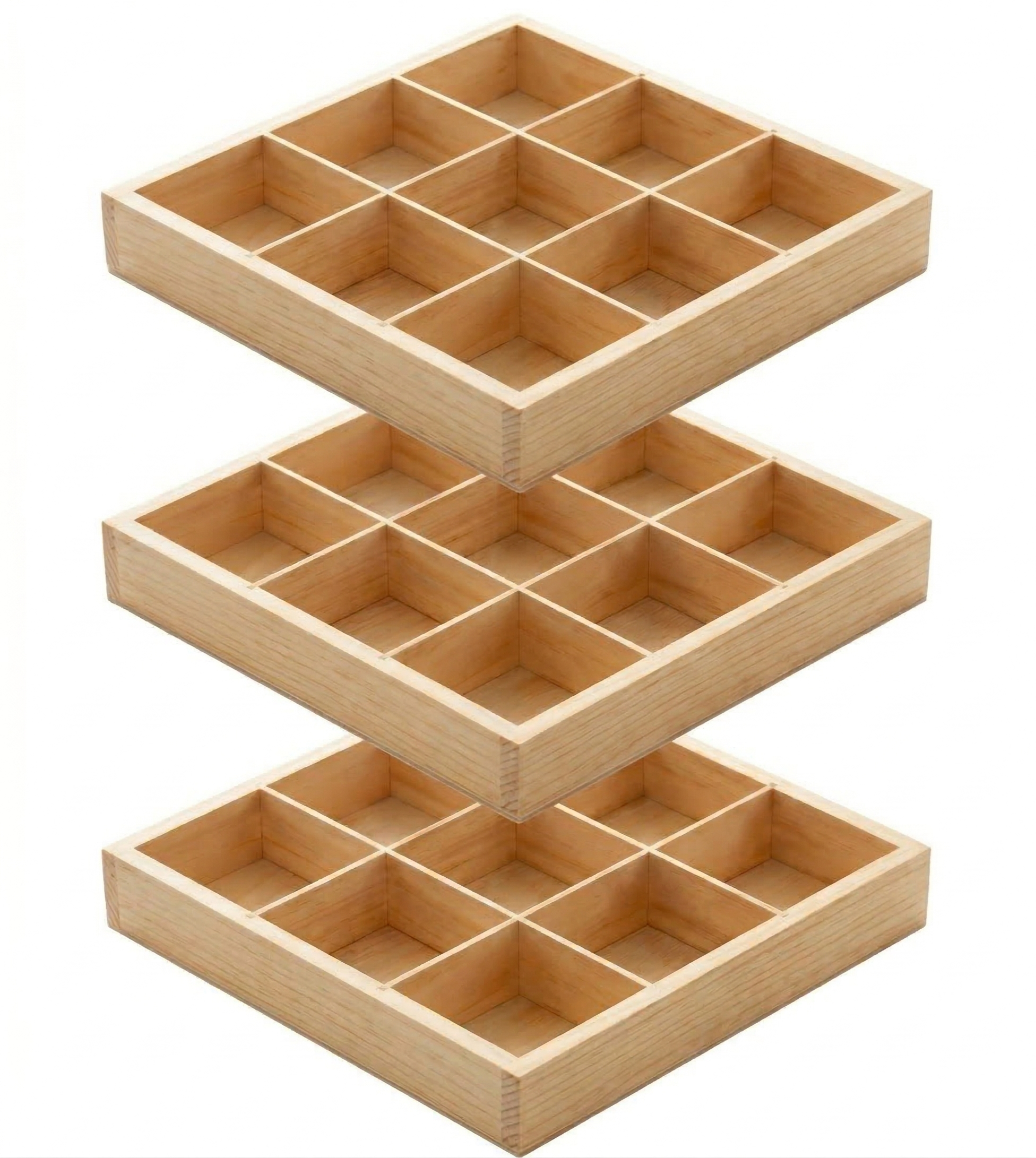 9 Compartments Wood Divider Tray, Square Pine Serving Party Platter for Fruit Snacks Candy, Jewelry Storage Organizer, Space-Saving Drawer Organization 10.6 x 10.6 x 1.57 inch