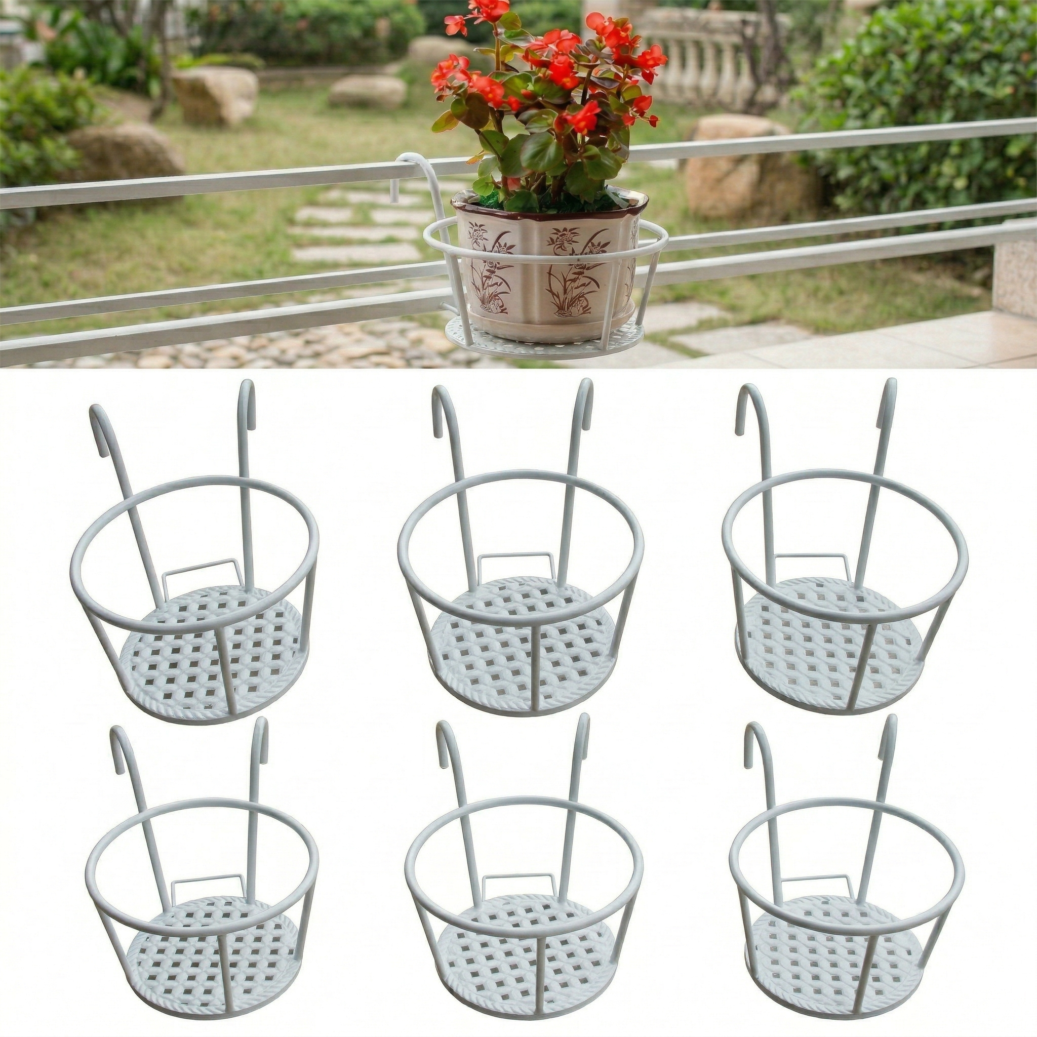 Iron Art Hanging Plant Holder for Balcony, Patio, Porch - Metal Railing Flower Pot Basket Stand for Outdoor, Indoor, Succulent, and Flower Plants 8.7 x 7.1 x 4.7 in