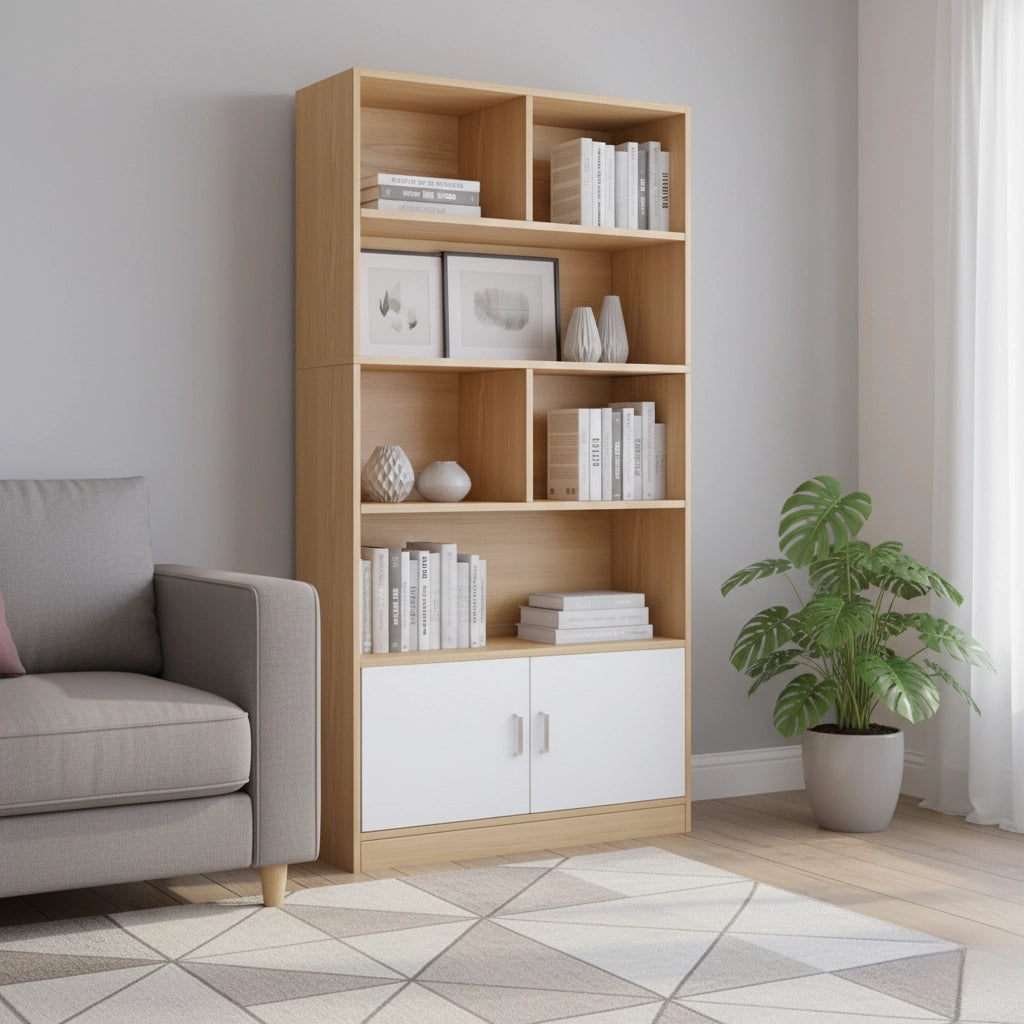 Tall Wooden Bookshelf Cabinet with Doors – Multi-Tier U-Shaped MDF Storage and Display Unit for Living Room, Bedroom or Office, 63 x 31.5 x 9.4 in (160 x 80 x 24 cm)