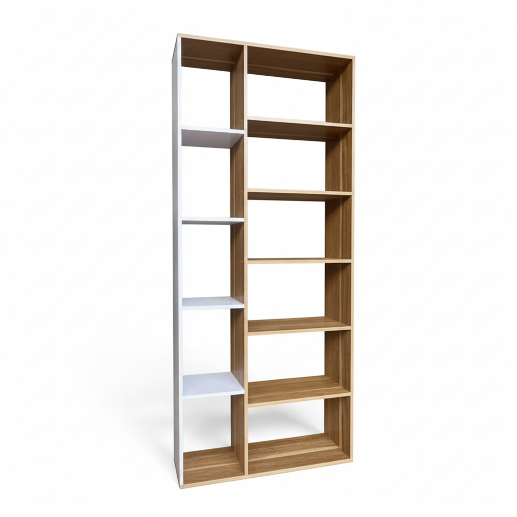 6-Tier Modern Wooden Bookshelf – MDF Storage Rack with White & Natural Wood Finish for Living Room, Office or Bedroom, 23.6 x 9.8 x 70.8 in (60 x 25 x 180 cm)