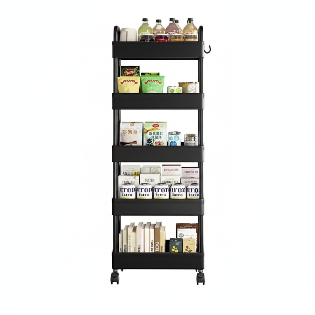5-Tier Rolling Utility Cart with Wheels, Metal Mesh Storage Organizer for Kitchen, Bathroom, Office – 15.7 x 11.8 x 53.1 in (40 x 30 x 135 cm), Black