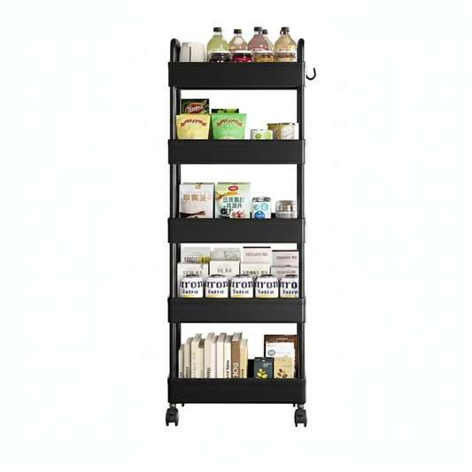 5-Tier Rolling Utility Cart with Wheels, Metal Mesh Storage Organizer for Kitchen, Bathroom, Office – 15.7 x 11.8 x 53.1 in (40 x 30 x 135 cm), Black
